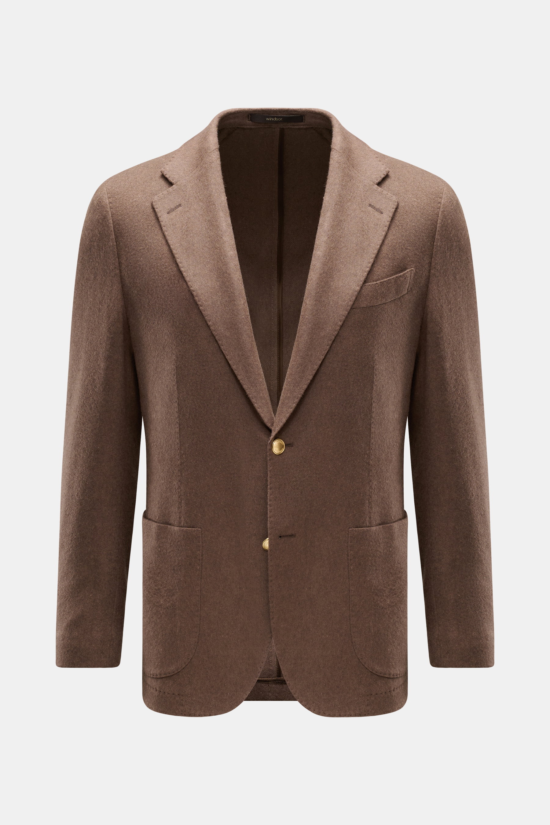 Windsor Cashmere Sakko 'Giorno' graubraun, Slim Fit, taillierter Zwei-Knopf-Stil, fallendes Revers, Brusttasche, Hüfttaschen, Kissing Buttons, Seitenschlitze, elastischer Cashmere, Frontansicht.
