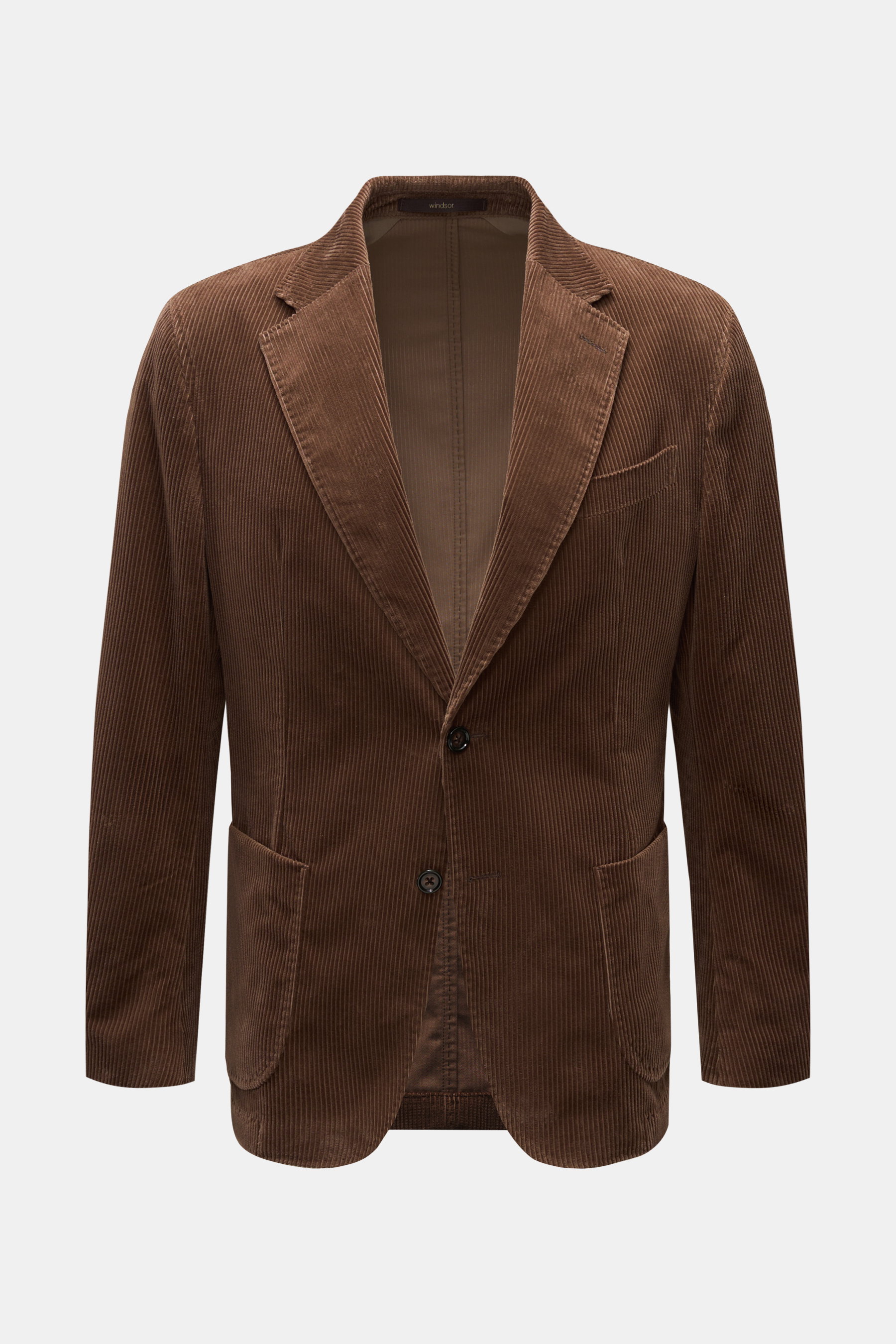 Windsor Cordsakko 'Gio' braun aus weichem Baumwoll-Cord, Slim Fit, fallendes Revers, Zwei-Knopf-Stil, Brust- und Hüfttaschen, frontal fotografiert.
