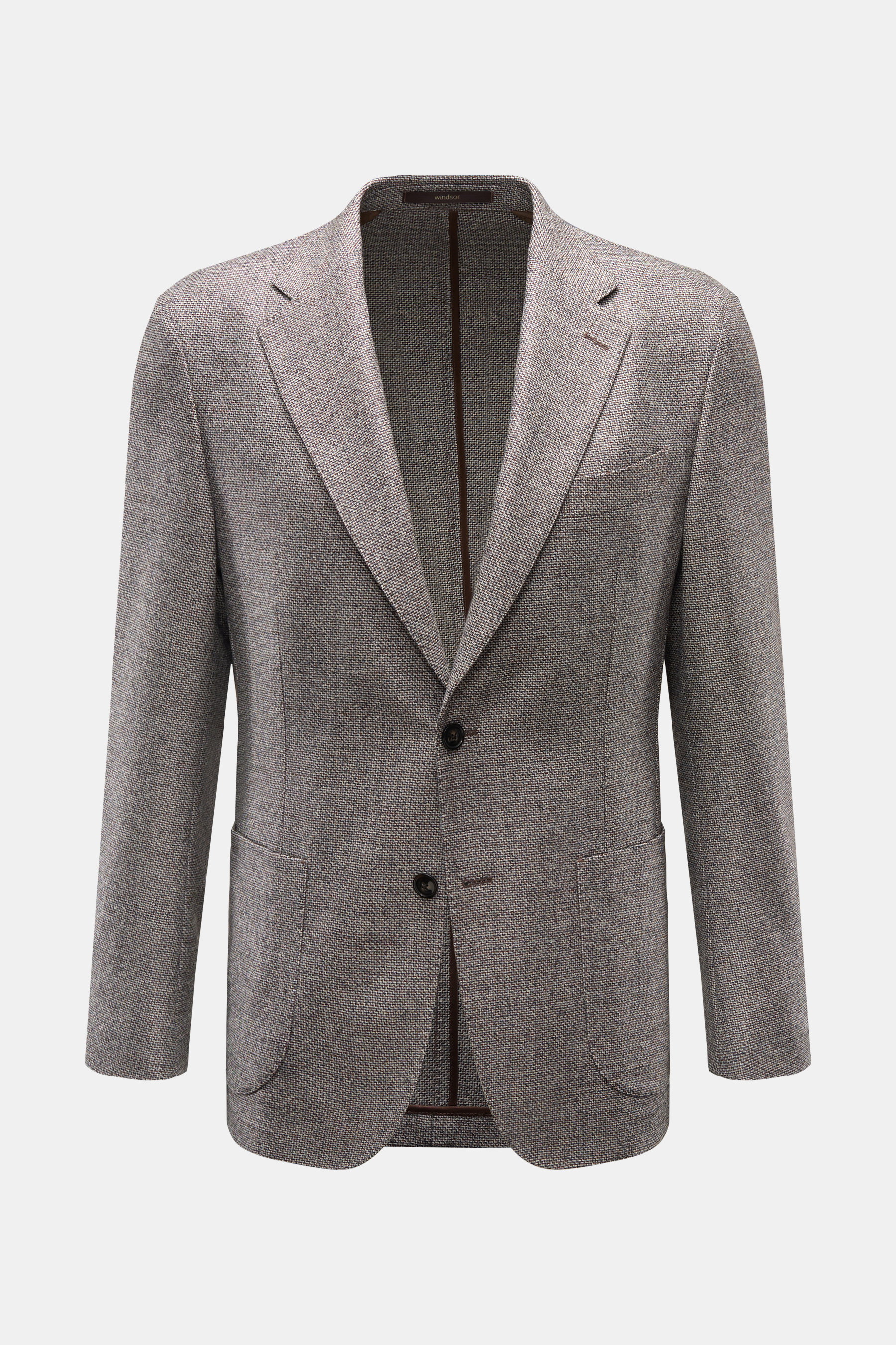 Windsor Sakko "Giorno" braun/hellgrau, Slim Fit aus reiner Wolle, feines Strukturgewebe, weicher Griff, fallendes Revers, Zwei-Knopf-Stil, klassische Brusttasche, aufgesetzte Hüfttaschen, Kissing Buttons, rückwärtige Seitenschlitze, Unconstructed Design, 
