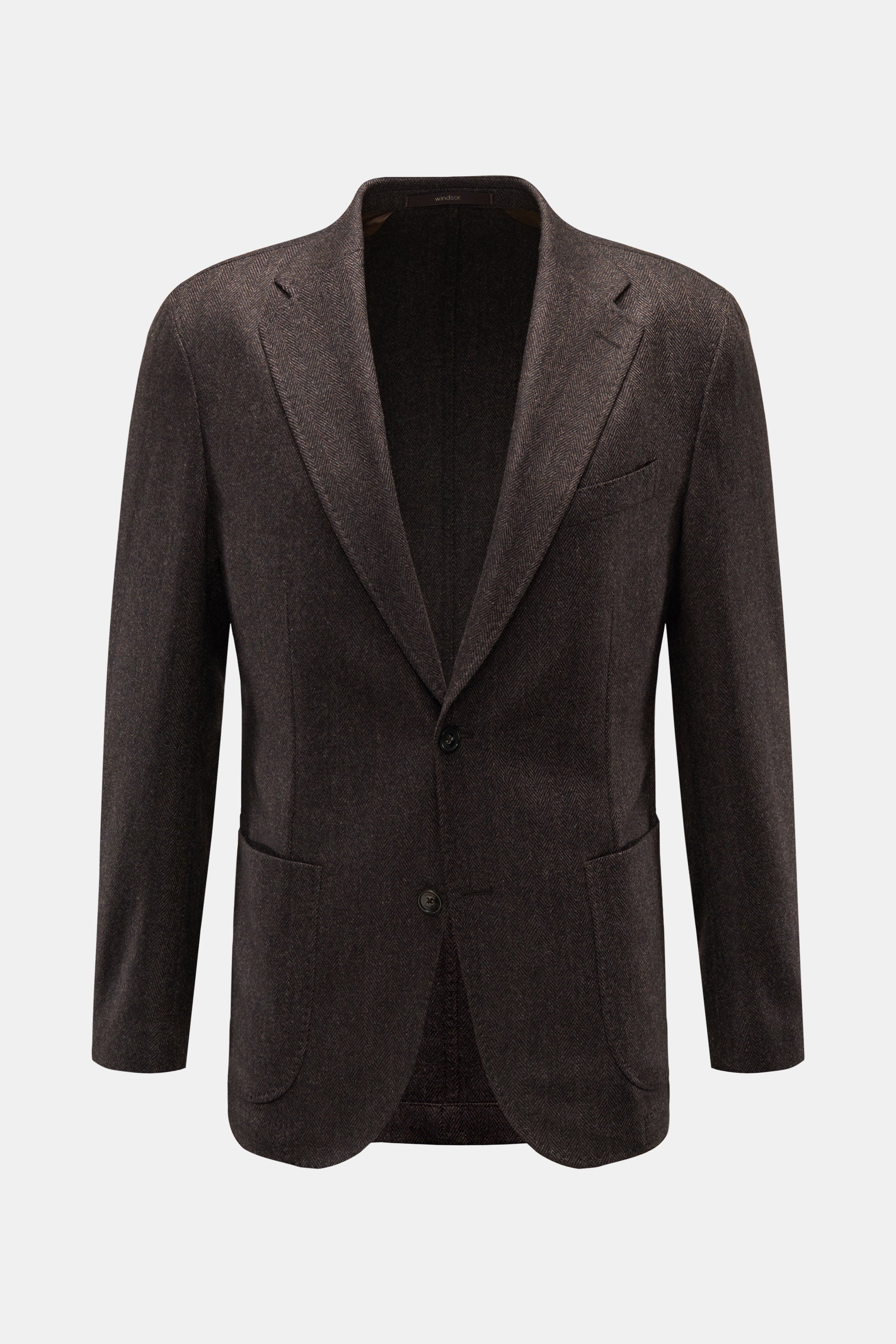 Windsor Sakko 'Giro' dunkelbraun meliert, Slim Fit, tonaler Fischgrat, fallendes Revers, Zwei-Knopf-Stil, Kissing Buttons, aufgesetzte Hüfttaschen, Unconstructed Design, frontale Ansicht.