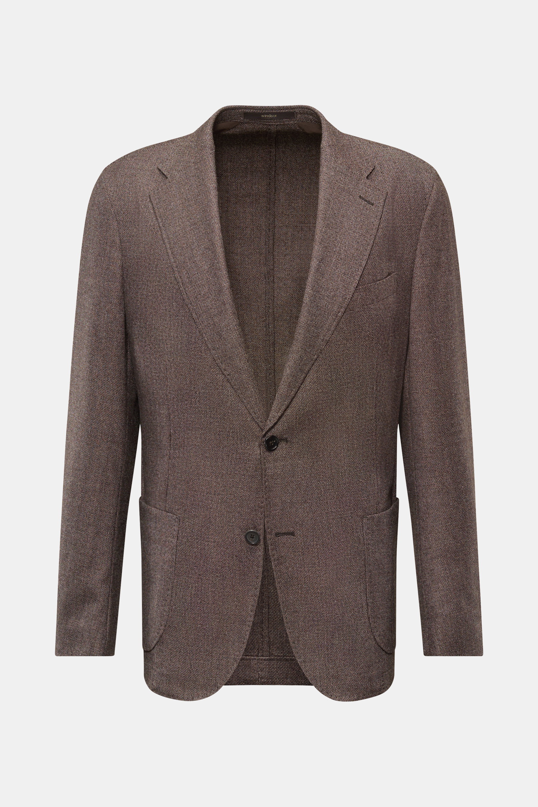 Frontale Nahaufnahme des Windsor Sakko 'Giro' graubraun meliert aus Leinwandbindung Schurwolle, Slim Fit mit weichem Griff, fallendem Revers, Zwei-Knopf-Stil, klassischer Brusttasche, aufgesetzten Hüfttaschen, Kissing Buttons, rückwärtigen Seitenschlitzen