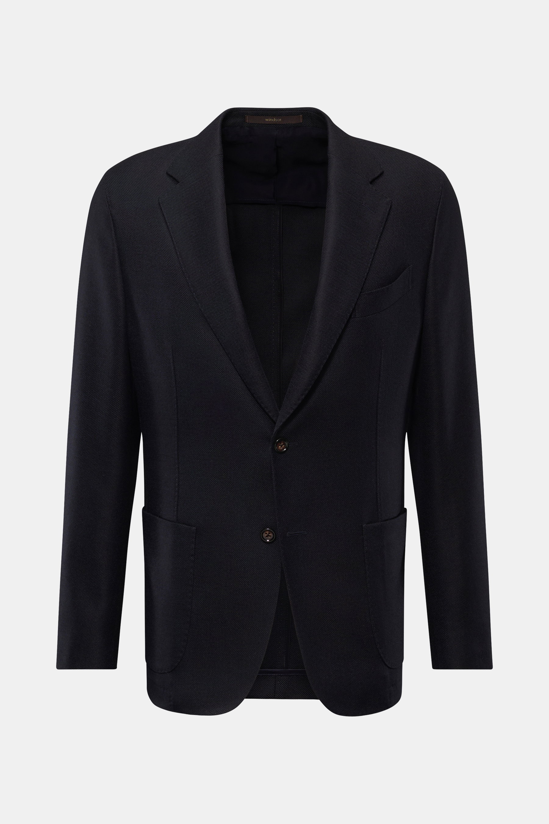 Windsor Sakko 'Sora' dark navy, frontal fotografiert, Slim Fit, Panama reine Wolle, weicher Griff, fallendes Revers, Zwei-Knopf-Stil, Brusttasche, aufgesetzte Hüfttaschen, Kissing Buttons, Seitenschlitze, Unconstructed Design, zwei Innentaschen.
