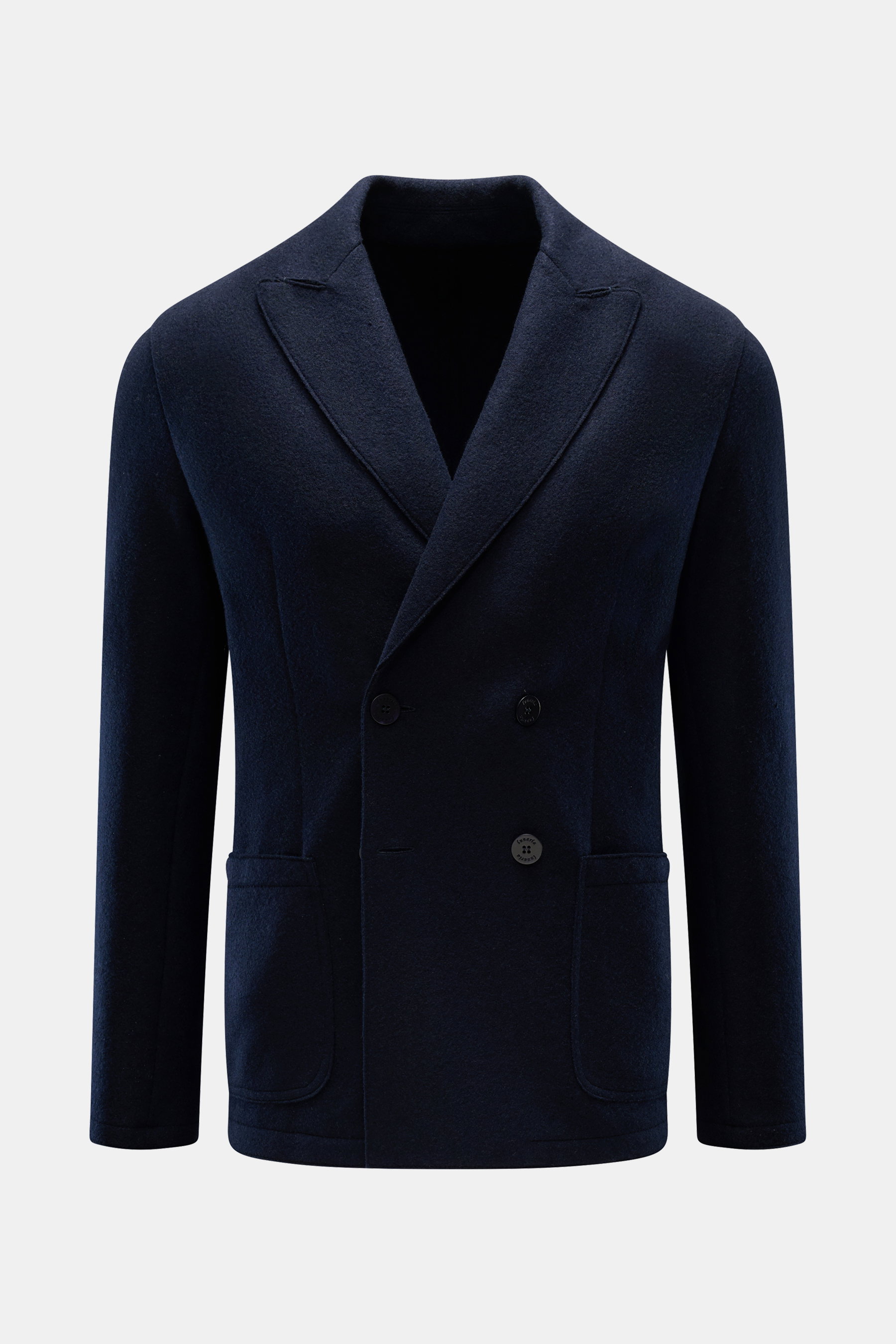 Lunaria Cashmere Cashmere Sakko navy, zweireihig, Slim Fit, ungefüttert, offener Kantenverarbeitung, Spitzrevers, aufgesetzte Taschen, frontal fotografiert.