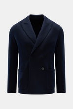 Front view of a Lunaria Cashmere Cashmere Sakko navy, a slim fit, double-breasted blazer made of pure felted cashmere with a very soft touch. <p>Simplizität als Luxus: Das Zweireiher-Sakko aus reinem Cashmere von LUNARIA CASHMERE verzichtet bewusst auf ei