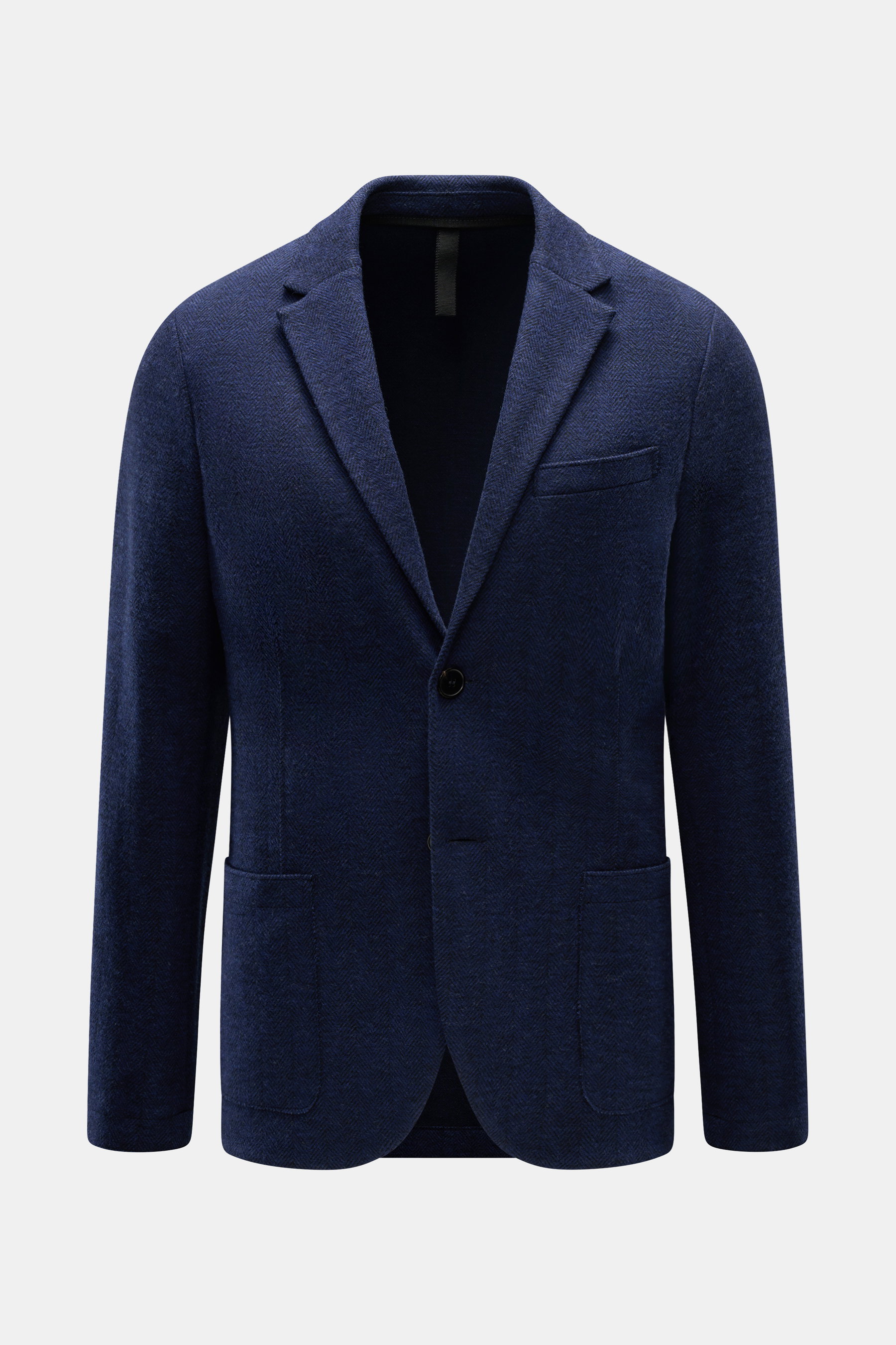 Harris Wharf London Sakko dunkelblau gemustert in Slim Fit, Fischgratmuster, leichter Stretch, fallendes Revers, zwei Knöpfe, frontal fotografiert.