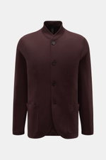 Front view of Harris Wharf London Jersey-Sakko dunkelbraun, a slim fit, dark brown jersey blazer with a stand collar, four buttons, patch hip pockets, unlined with two inside pockets, made from pure new wool in a very soft, lightweight fabric.

<p>Die ele