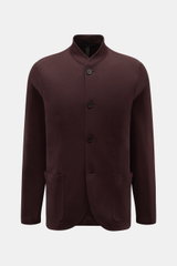 Front view of Harris Wharf London Jersey-Sakko dunkelbraun, a slim fit, dark brown jersey blazer with a stand collar, four buttons, patch hip pockets, unlined with two inside pockets, made from pure new wool in a very soft, lightweight fabric.

<p>Die ele