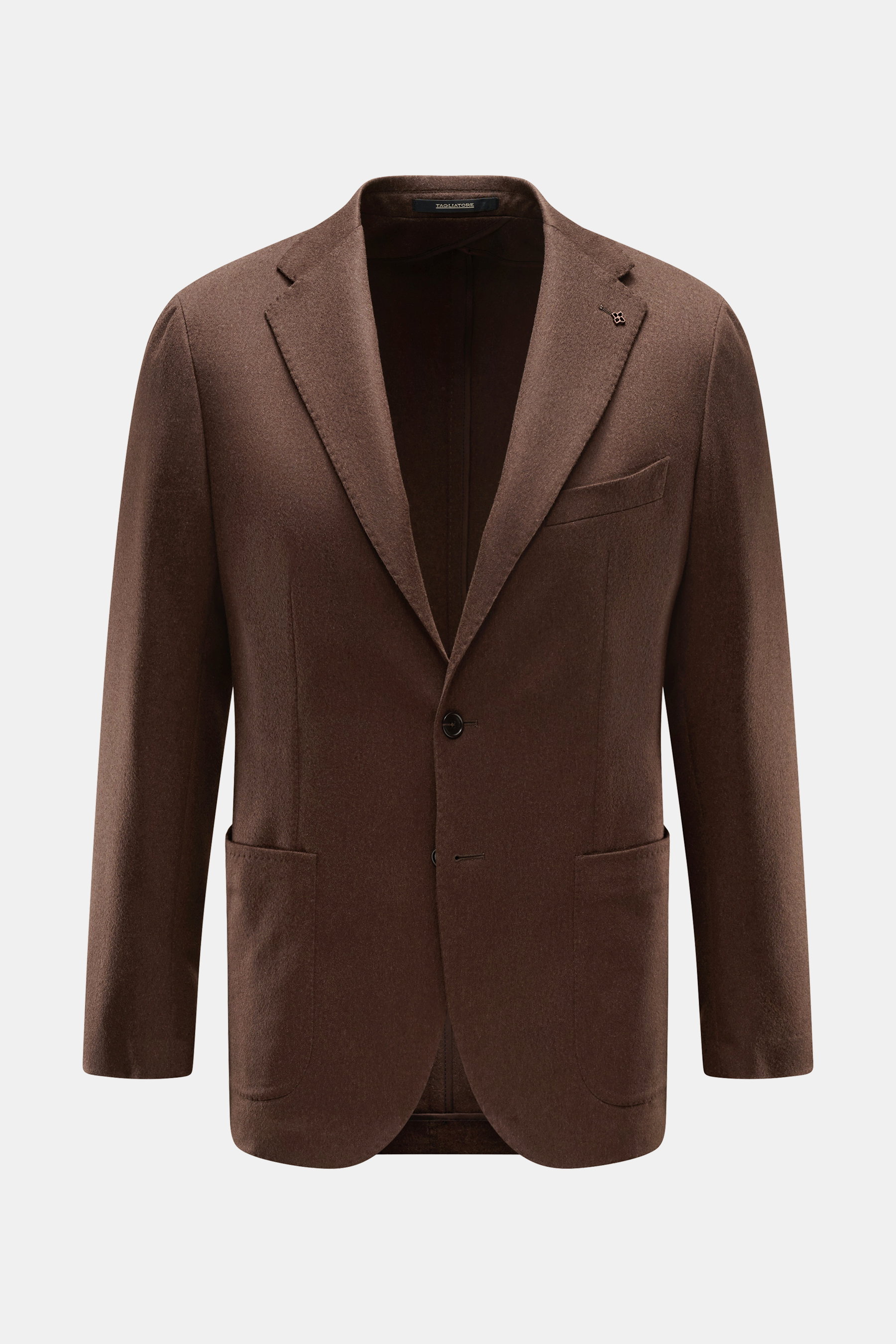 Tagliatore Kamelhaar Sakko 'Monte Carlo' dunkelbraun, frontale Ansicht, Slim Fit, zwei Knöpfe, fallendes Revers, weicher Griff, Unconstructed Design, Brusttasche, aufgesetzte Hüfttaschen, Kissing Buttons, Seitenschlitze, drei Innentaschen.