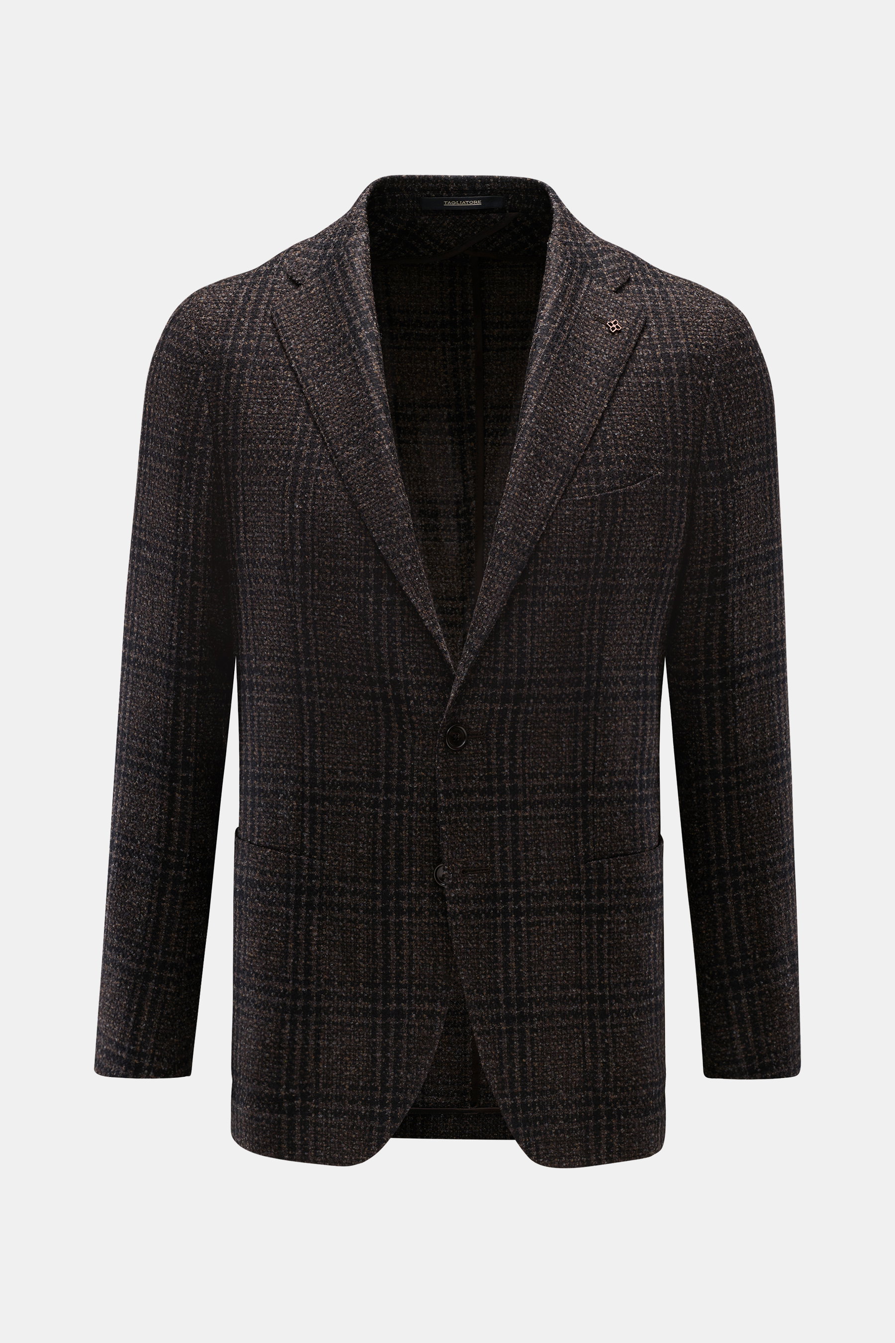 Tagliatore Sakko 'Monte Carlo' schwarz/braun/grau kariert, Slim Fit, Unconstructed Design, Glencheck, fallendes Revers, zwei Knöpfe, frontale Perspektive.