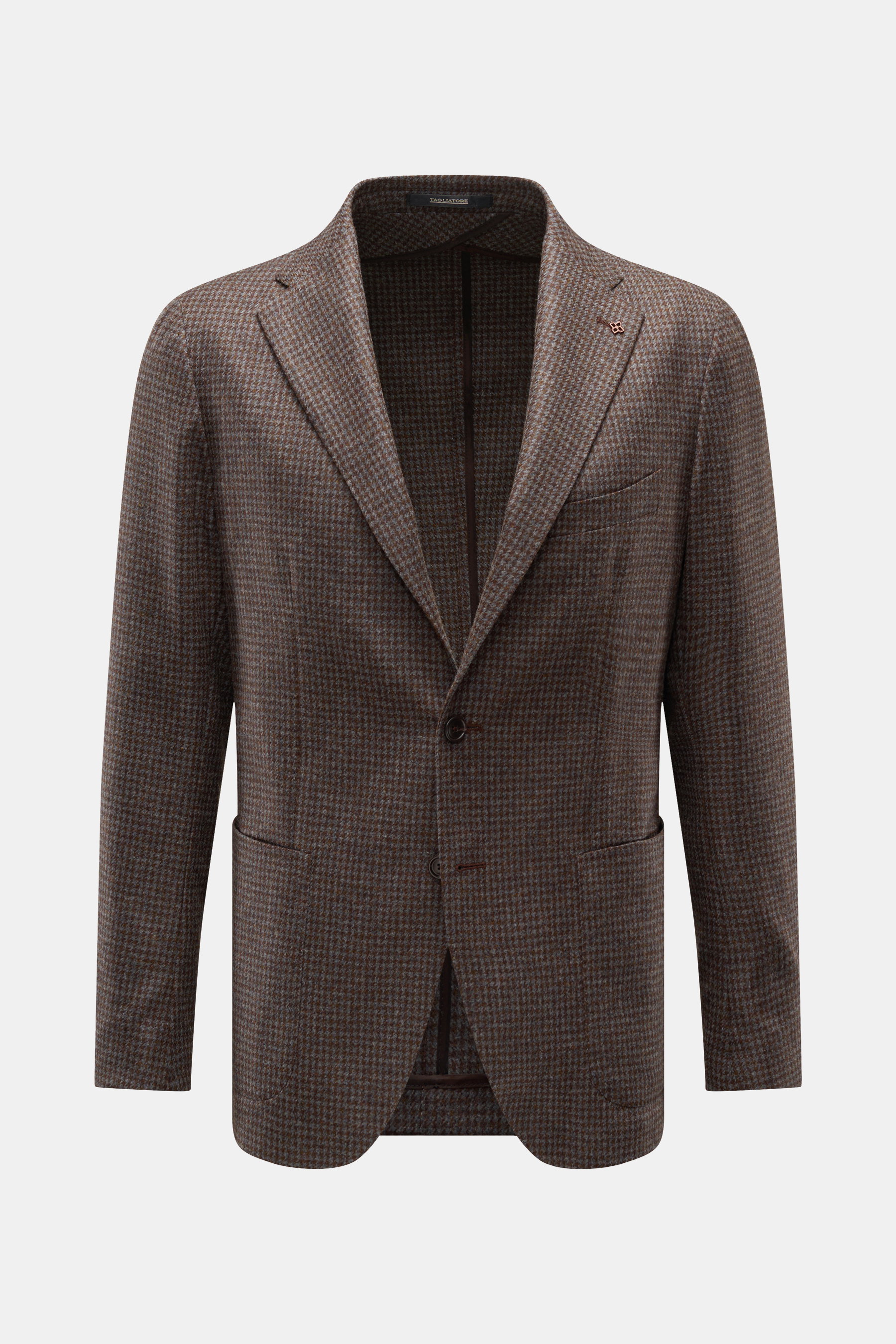 Tagliatore Sakko 'Monte Carlo' braun/graublau kariert, Slim Fit, Unconstructed Design, Hahnentritt-Muster, fallendes Revers, Zwei-Knopf-Stil, frontale Perspektive.