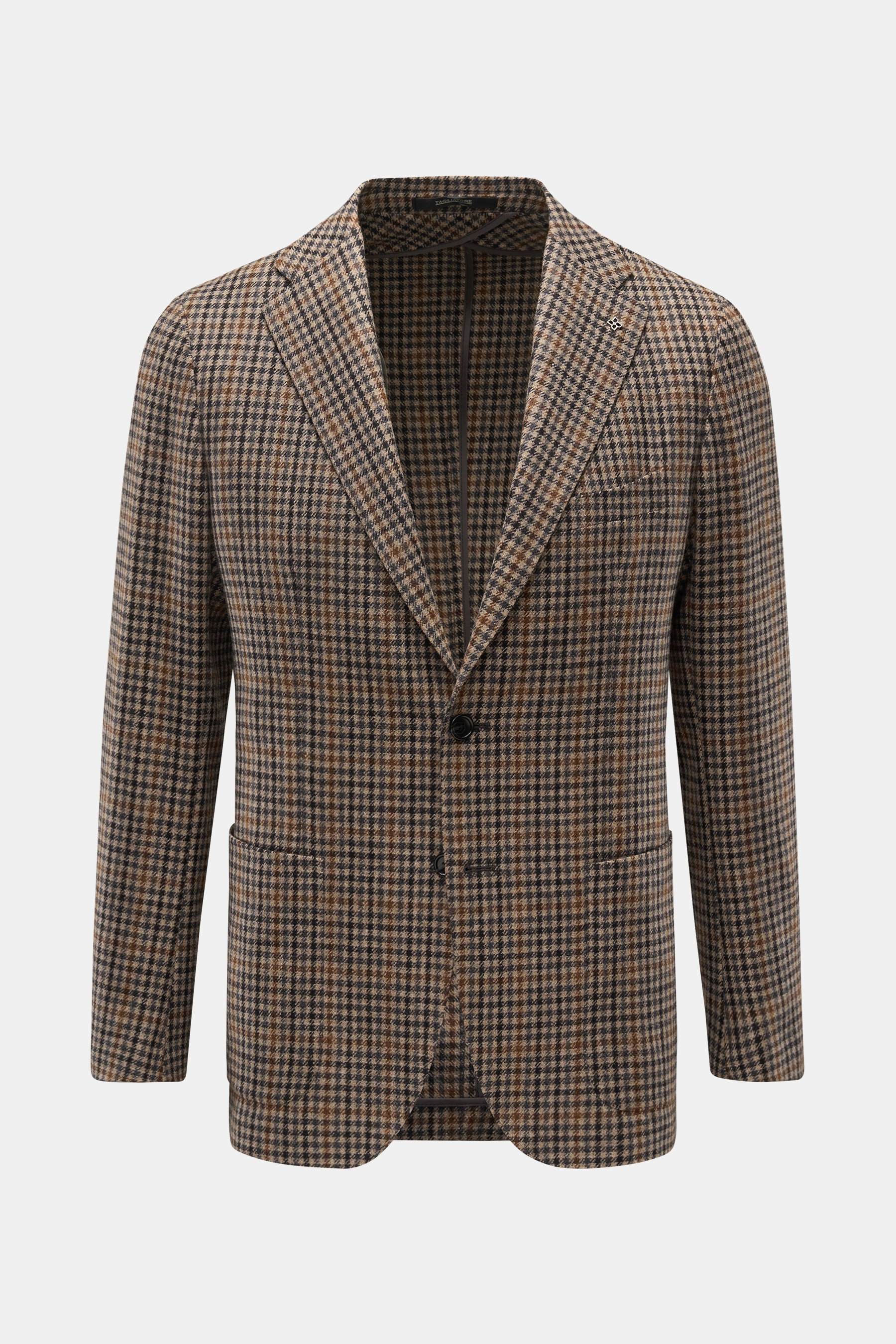 Tagliatore Blazer beige/schwarz/braun kariert, Slim Fit, Unconstructed-Verarbeitung aus reiner Wolle mit Hahnentritt, frontal fotografiert, zwei Knöpfe, fallendes Revers, Brust- und Hüfttaschen, drei Innentaschen, Kissing Buttons, Seitenschlitze.