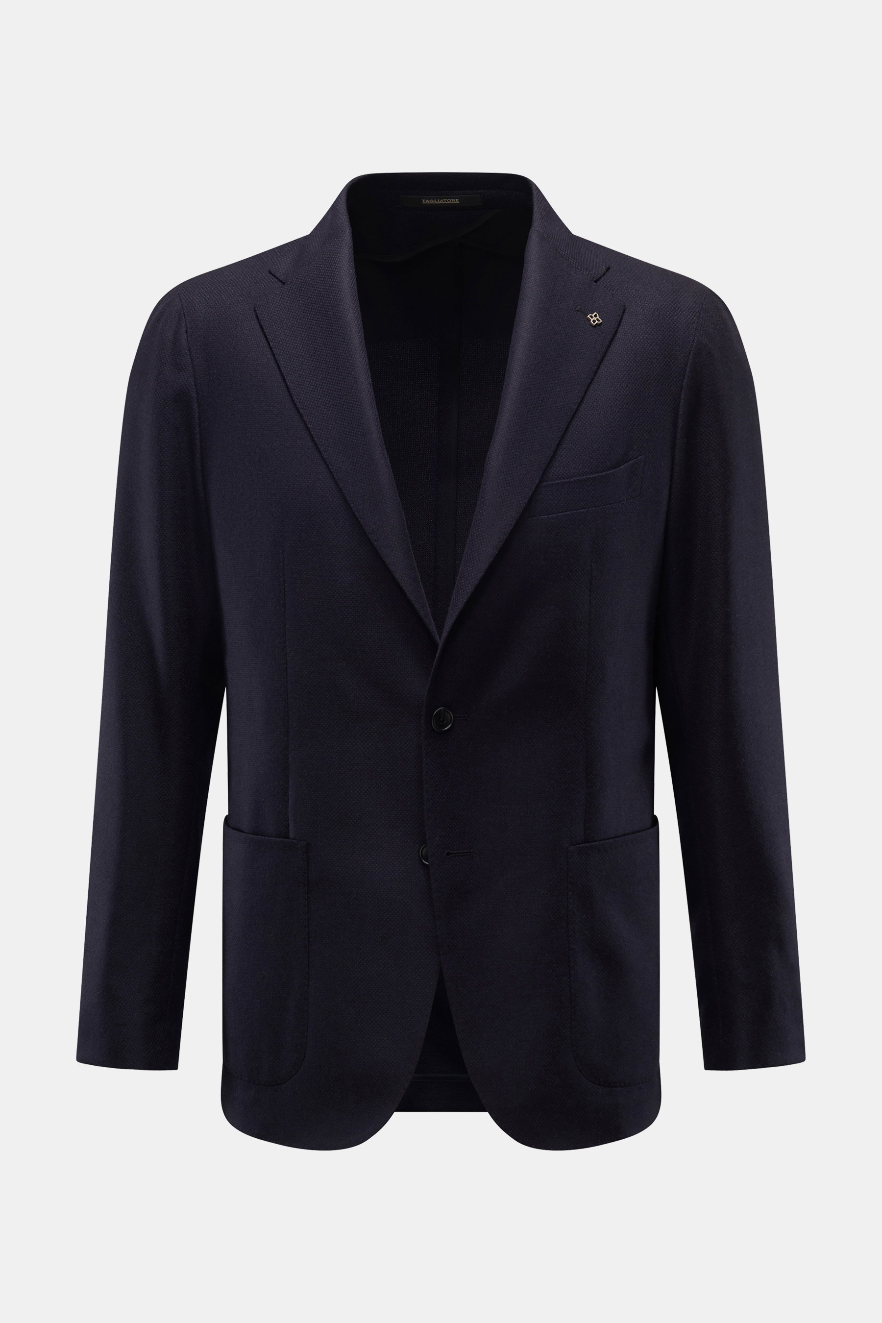 Tagliatore Sakko 'Monte Carlo' dark navy, frontale Ansicht, Slim Fit, Unconstructed-Verarbeitung aus Wolle mit Cashmere, feines Strukturgewebe, taillierter Zwei-Knopf-Stil, fallendes Revers mit Pin, Brust- und aufgesetzte Hüfttaschen, Kissing Buttons, Sei