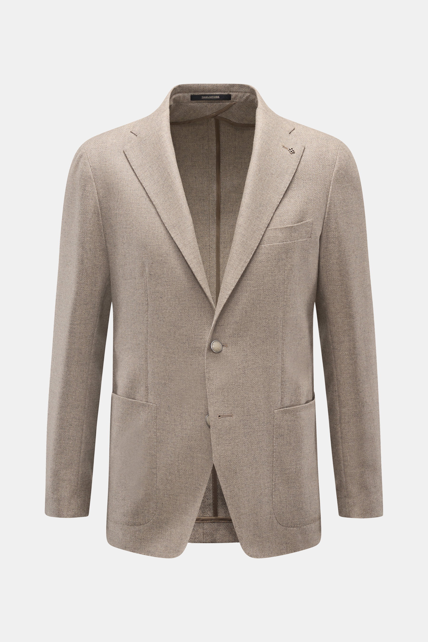 Frontale Aufnahme des Tagliatore Sakkos 'Monte Carlo' taupe meliert mit Unconstructed-Verarbeitung aus Wolle und Cashmere, Slim Fit, fallendem Revers, zwei Knöpfen, Brusttasche, aufgesetzten Hüfttaschen und Kissing Buttons.