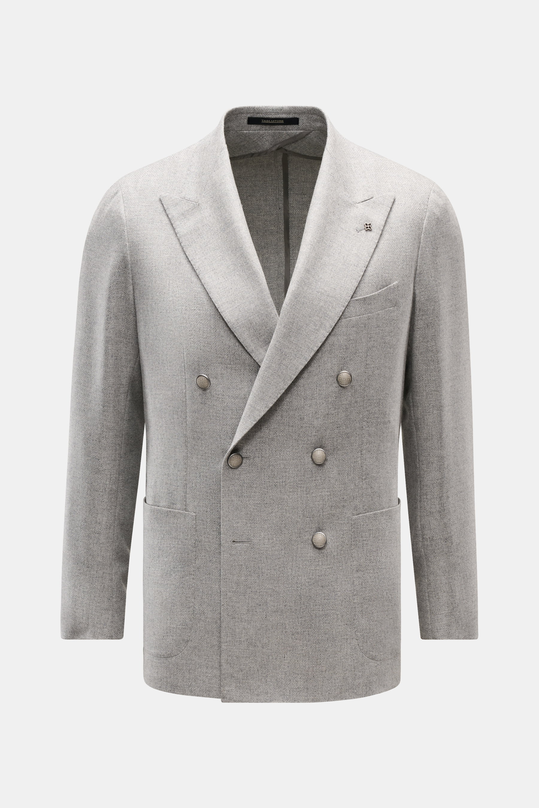 Tagliatore Sakko 'Monte Carlo' taupe meliert, frontal fotografiert, Unconstructed-Verarbeitung aus Wolle mit Cashmere, Slim Fit, feines Strukturgewebe, taillierter Zwei-Knopf-Stil, fallendes Revers mit Markentypischem Pin, Brusttasche, aufgesetzte Hüfttas