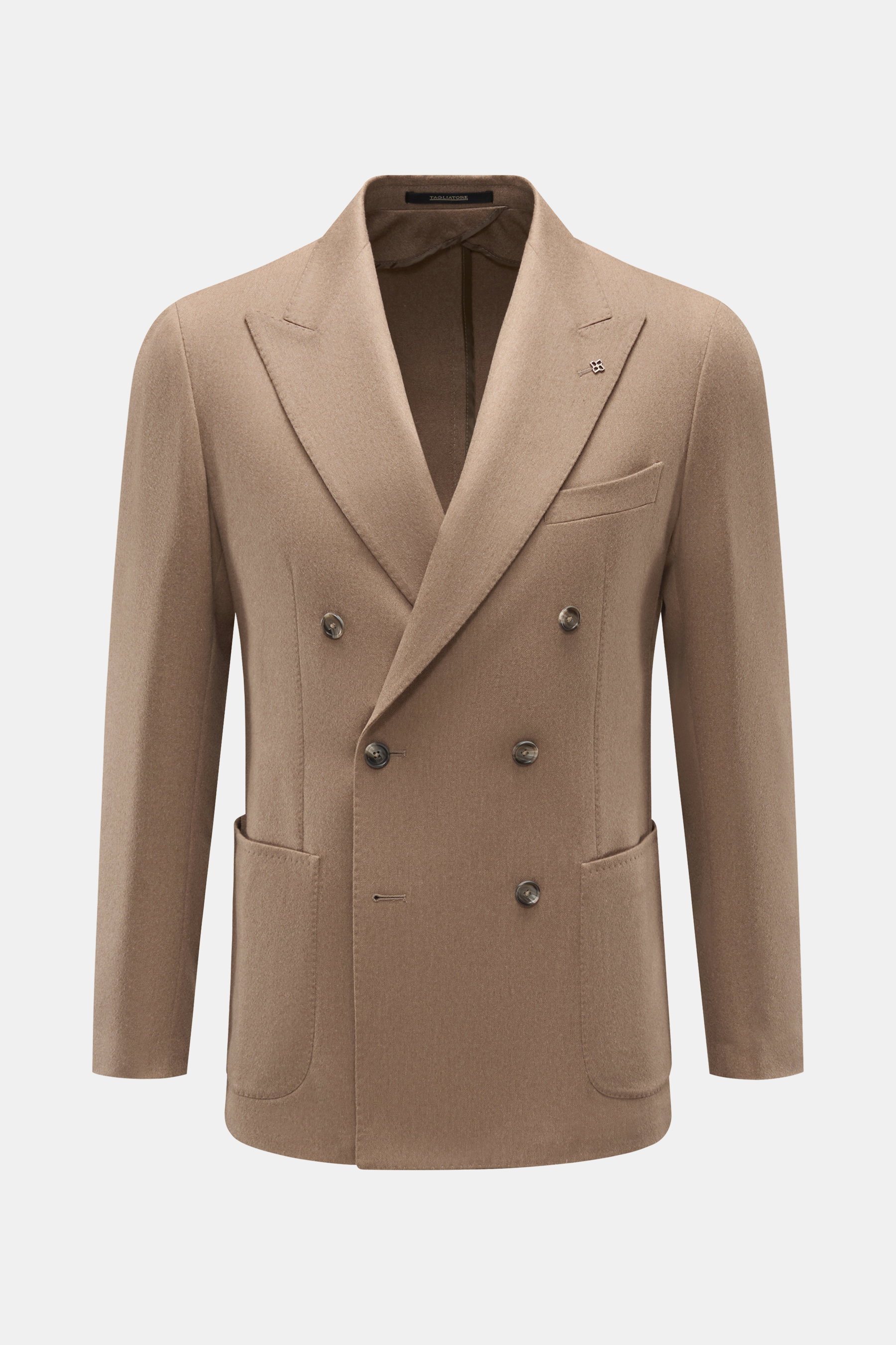 Tagliatore Kamelhaar-Sakko 'Monte Carlo' taupe, frontale Ansicht, Zweireiher Slim Fit mit Spitzrevers, Brust- und Hüfttaschen, leicht griffige Qualität.