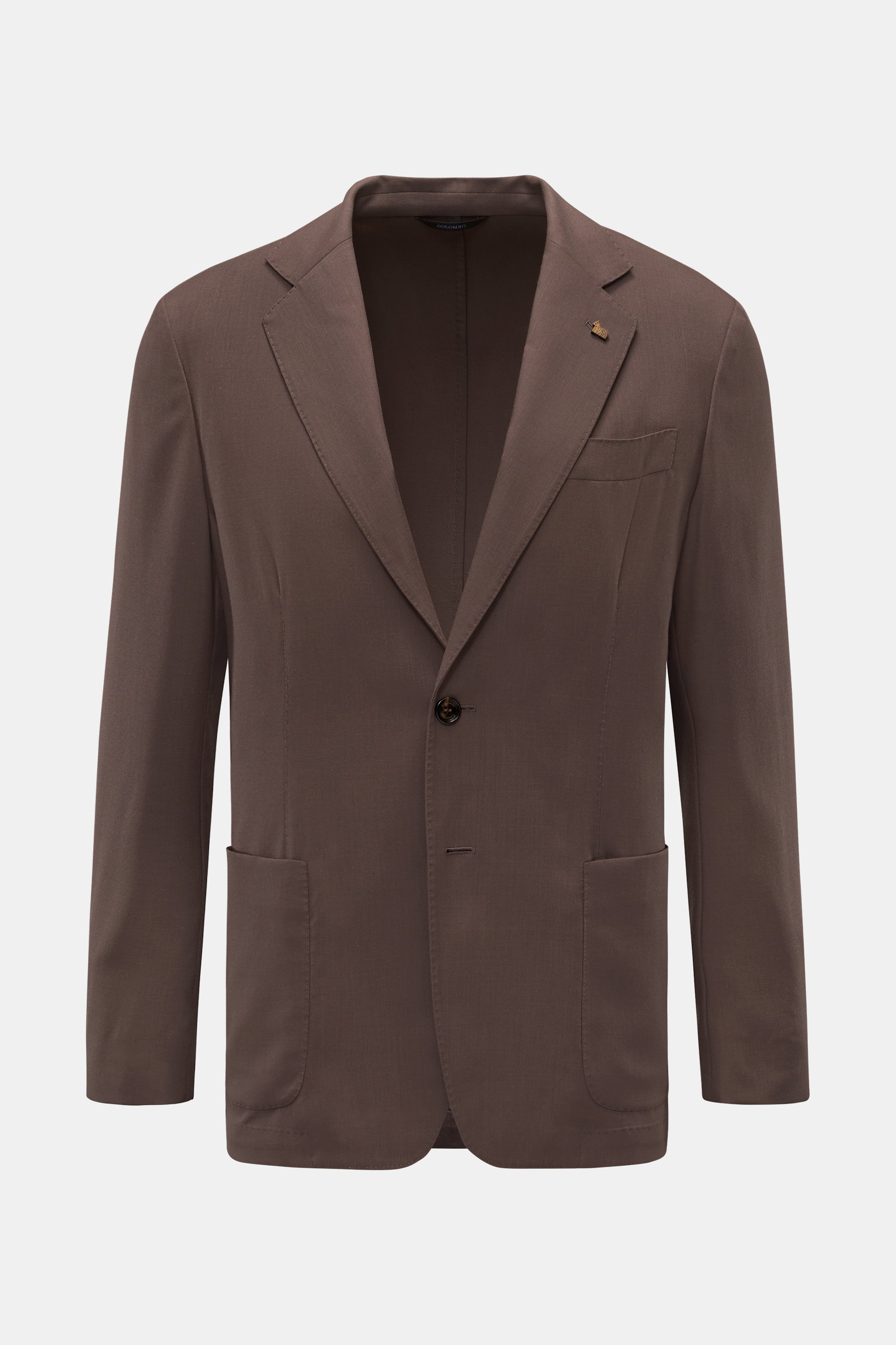 Colombo Cashmere Blazer graubraun, Slim Fit, weicher Griff, ungefüttert, Zwei-Knopf-Stil, fallendes Revers, Brust- und Hüfttaschen, frontal fotografiert.