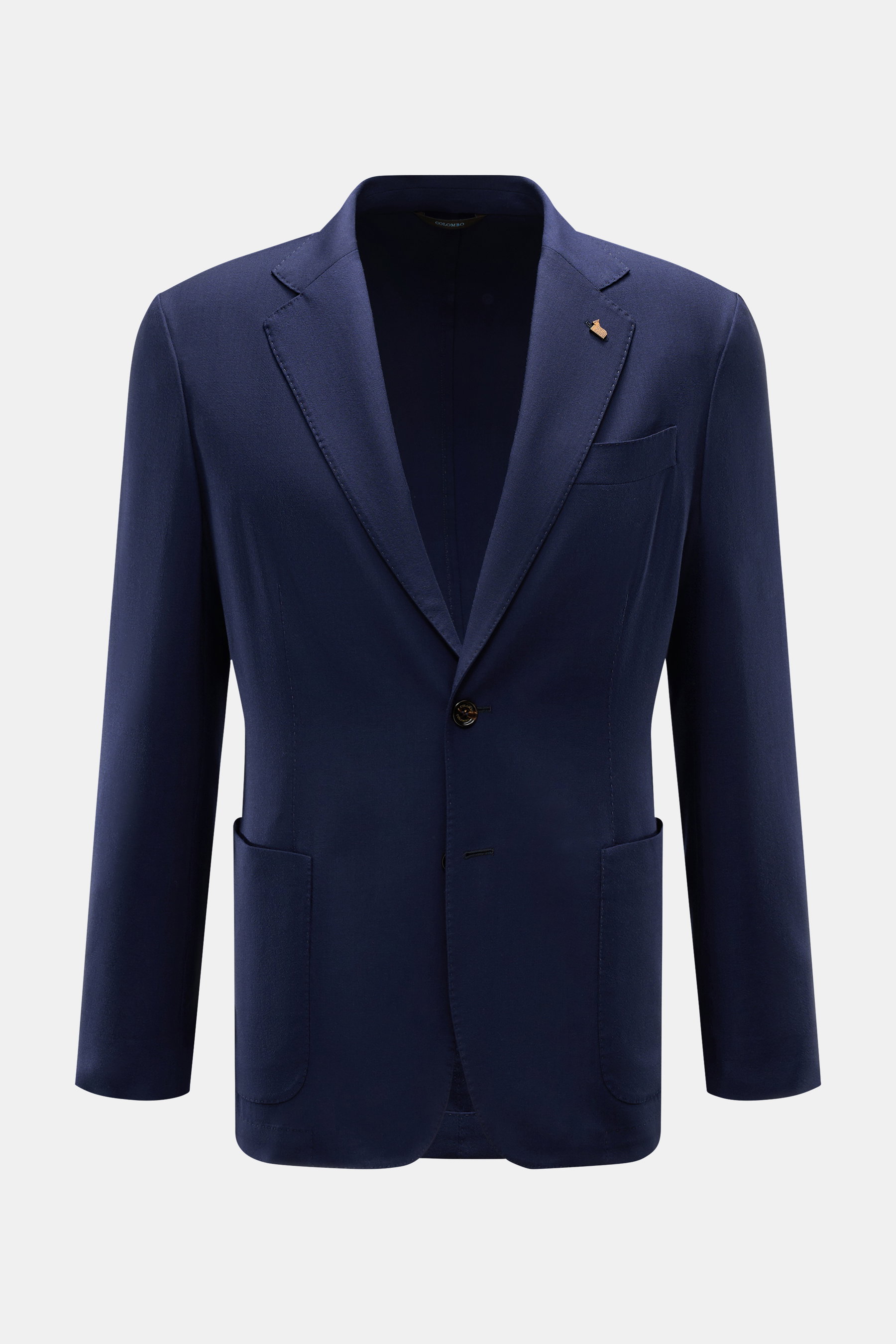 Colombo Cashmere Blazer navy, leichter Slim Fit Blazer aus weichem reinem Cashmere, zwei Knöpfe, fallendes Revers, Brust- und Hüfttaschen, frontal fotografiert.