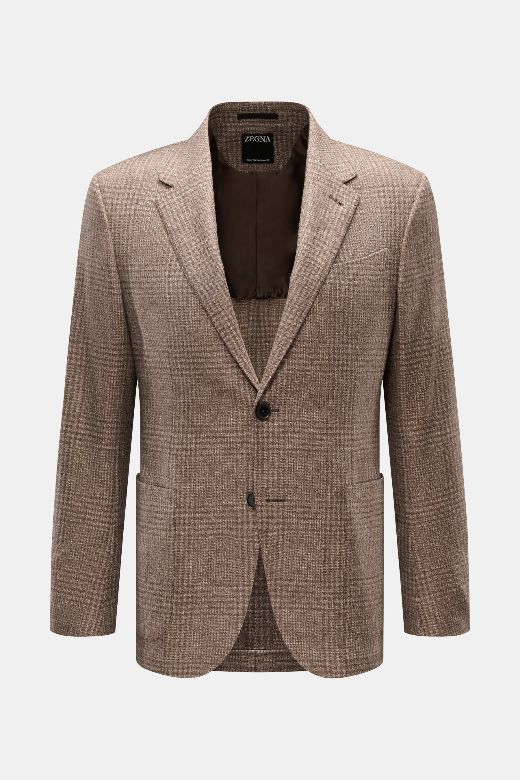 Zegna Sakko graubraun kariert, Slim Fit, aus Wolle mit Cashmere, Karo-Webstruktur, taillierter Zwei-Knopf-Stil, frontale Ansicht.