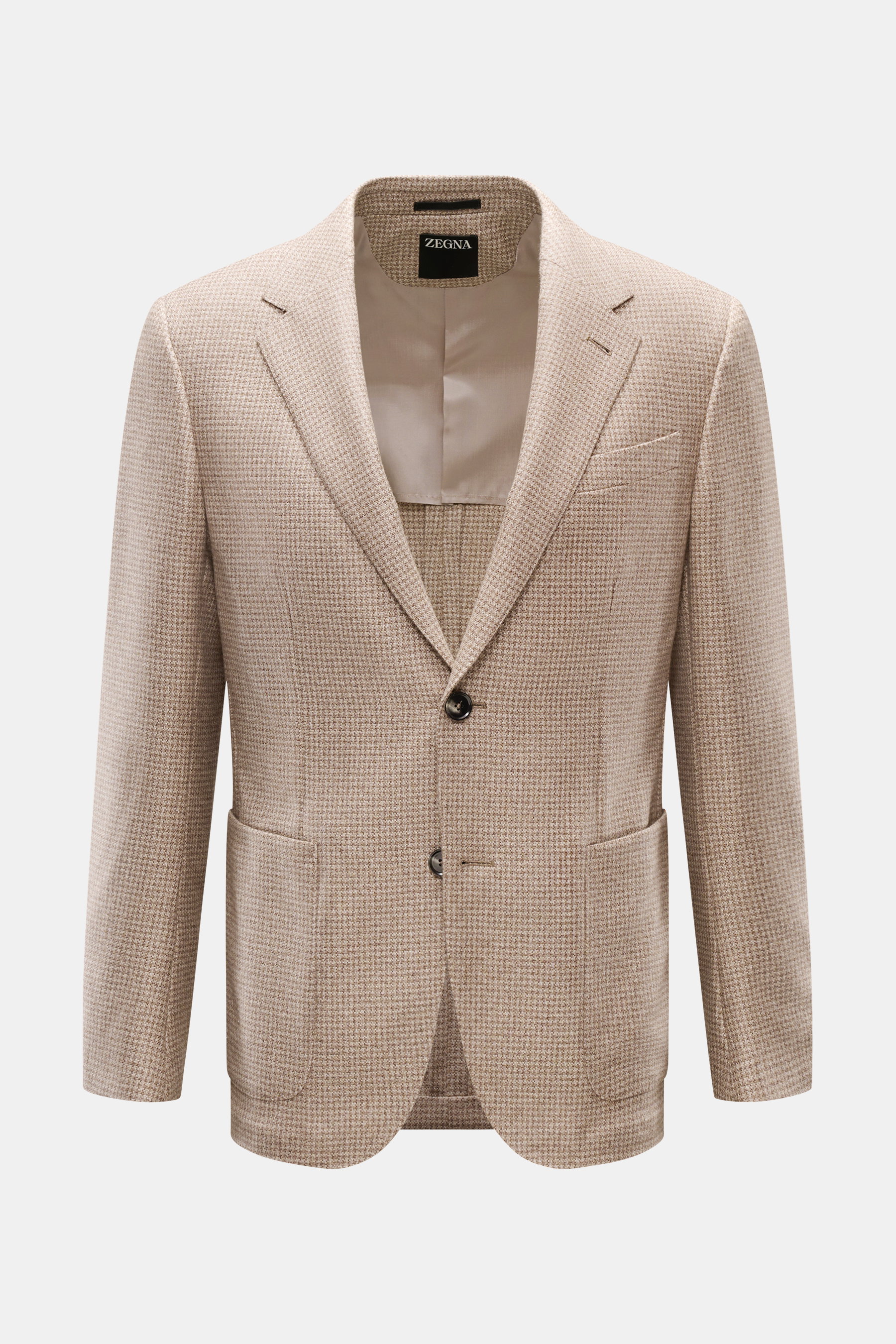 Frontal fotografiertes Zegna Sakko graubraun/beige gemustert mit Hahnentritt-Webmuster, Slim Fit, zwei Knöpfen, fallendem Revers und weichem Griff aus Seide und Cashmere.