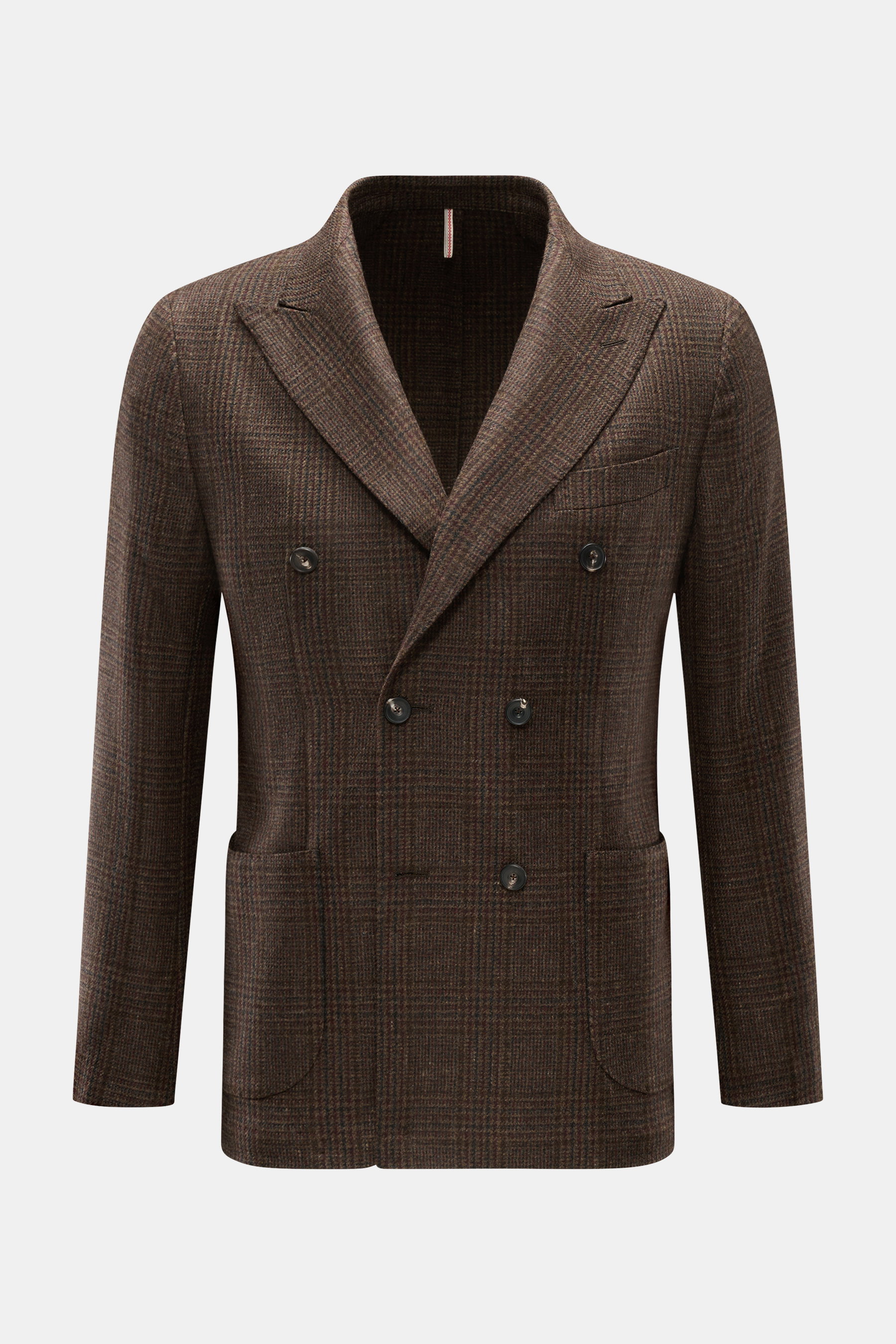 Santaniello Sakko braun/bordeaux/anthrazit kariert, frontale Aufnahme, slim Fit, reine Wolle, zweireihig, Glencheck, Spitzrevers, drei Knöpfe, Taschen, Kissing Buttons.