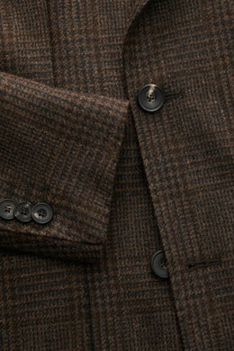 Santaniello Sakko braun/bordeaux/anthrazit kariert, Detailaufnahme von Knöpfen und Ärmel, Slim Fit, reine Wolle, Glencheck, zweireihig, Spitzrevers, drei Innentaschen.