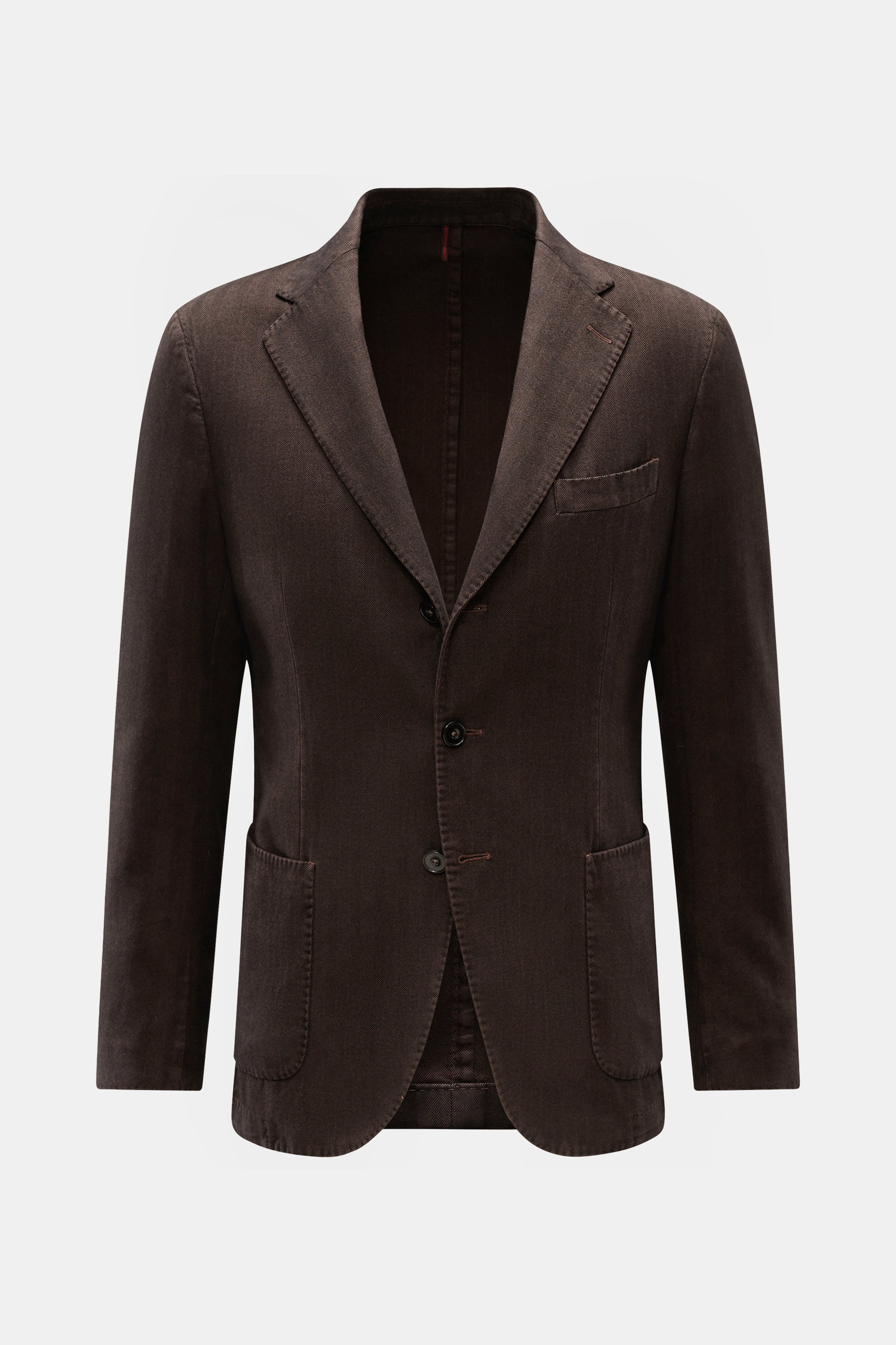 Santaniello Sakko dunkelbraun, frontale Ansicht, Slim Fit, tailliert, reine Baumwolle, tonales Fischgrat, Drei-Knopf-Stil, fallendes Revers, Brust- und Hüfttaschen, Kissing Buttons, Seitenschlitze, Unconstructed Design, drei Innentaschen.