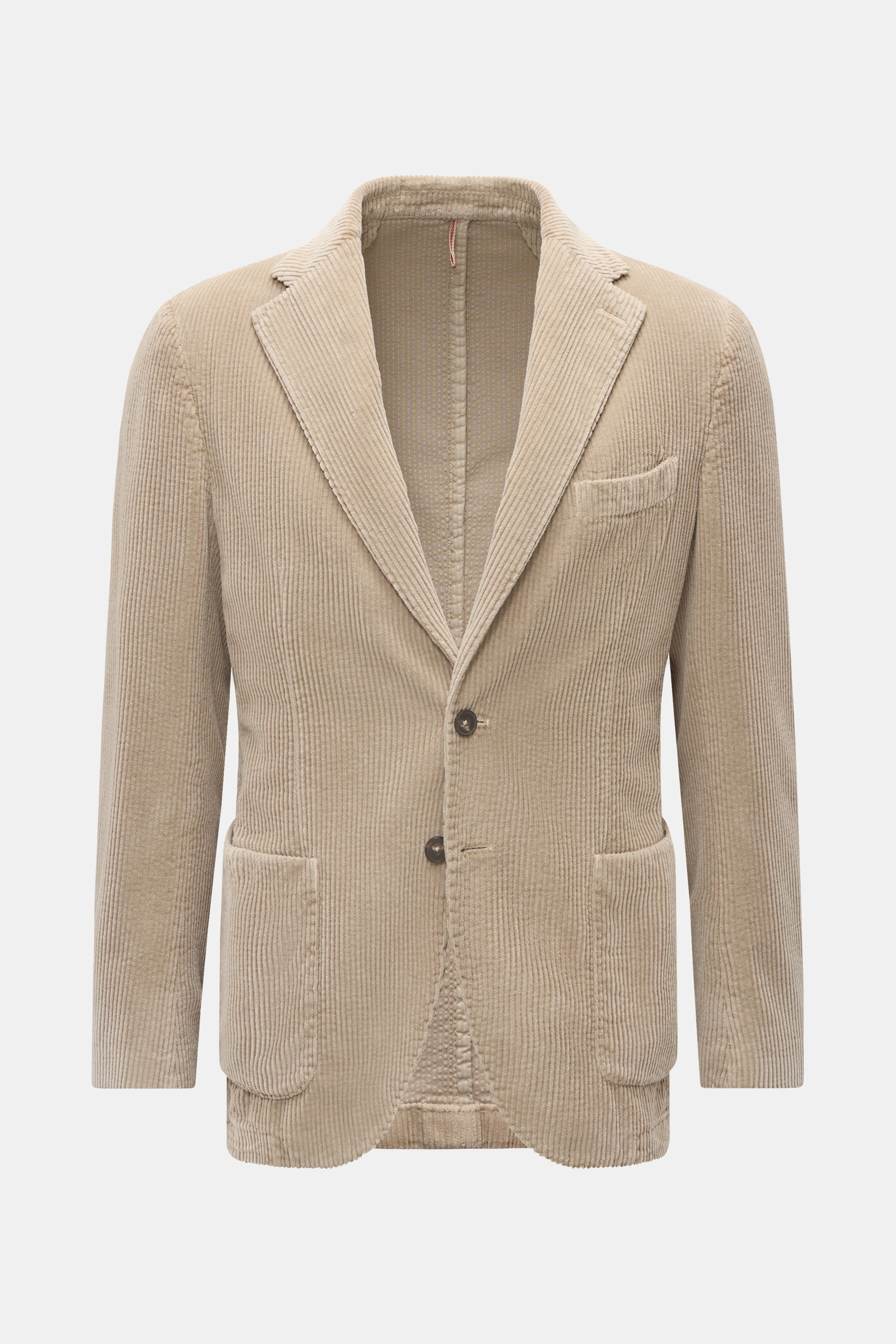 Santaniello Cordsakko beige, frontale Ansicht, tailliertes Slim Fit Sakko aus breitem Baumwoll-Cord, Zwei-Knopf-Stil, Revers, Brust- und Hüfttaschen.