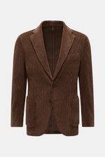 Front view of the Santaniello Cordsakko braun, a slim fit, two-button brown cotton corduroy blazer with patch hip pockets and a chest pocket.

<p>Dieses monochrome Sakko im Zwei-Knopf-Stil von SANTANIELLO wurde aus reinem, breitem Baumwoll-Cord gefertigt 