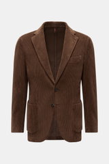 Front view of the Santaniello Cordsakko braun, a slim fit, two-button brown cotton corduroy blazer with patch hip pockets and a chest pocket.

<p>Dieses monochrome Sakko im Zwei-Knopf-Stil von SANTANIELLO wurde aus reinem, breitem Baumwoll-Cord gefertigt 