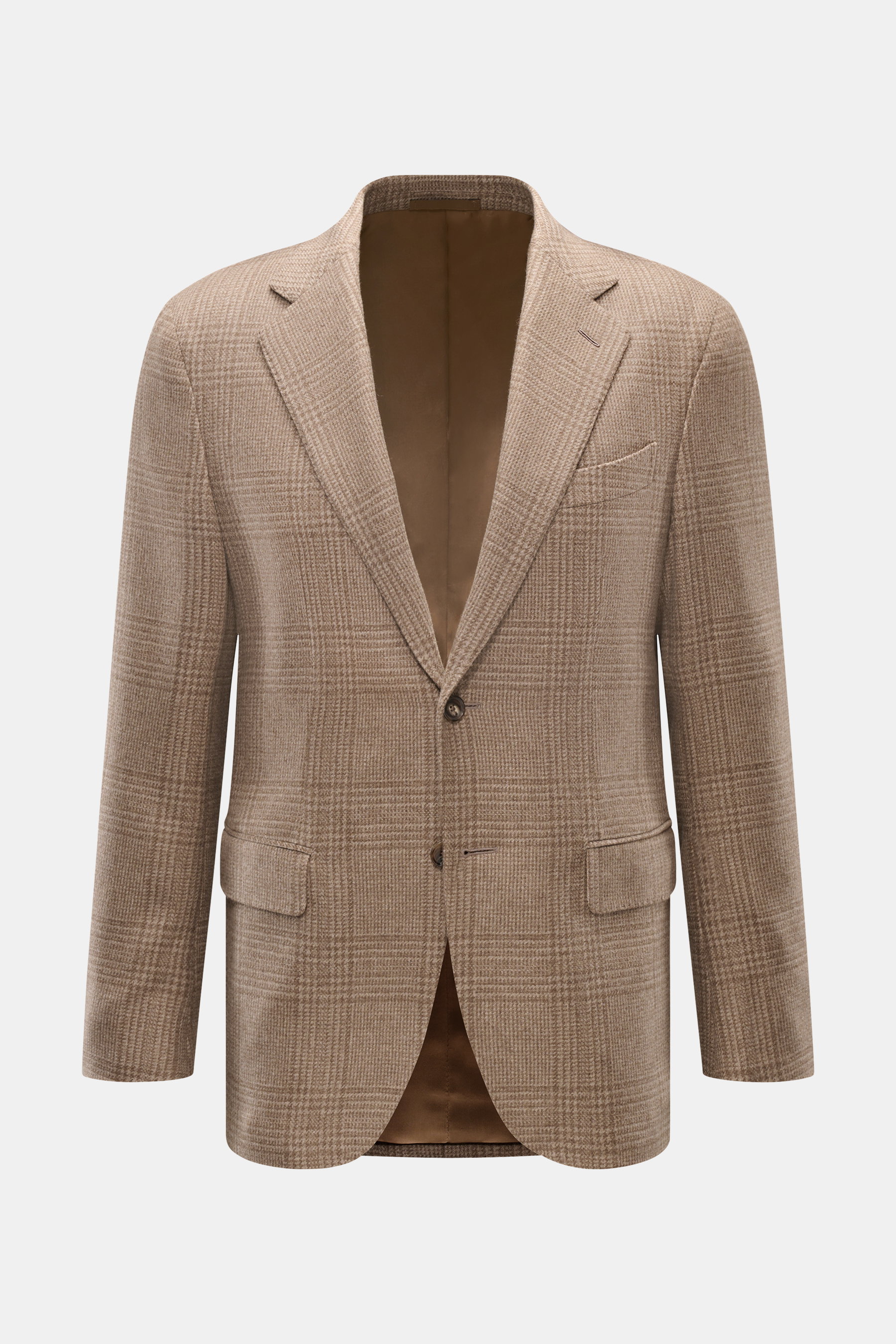 Caruso Cashmere Sakko 'Aida' braun/graubraun kariert, Slim Fit, tailliert, Glencheck, Zwei-Knopf, fallendes Revers, Brust- und Hüfttaschen, Innenseite sichtbar, frontale Ansicht.