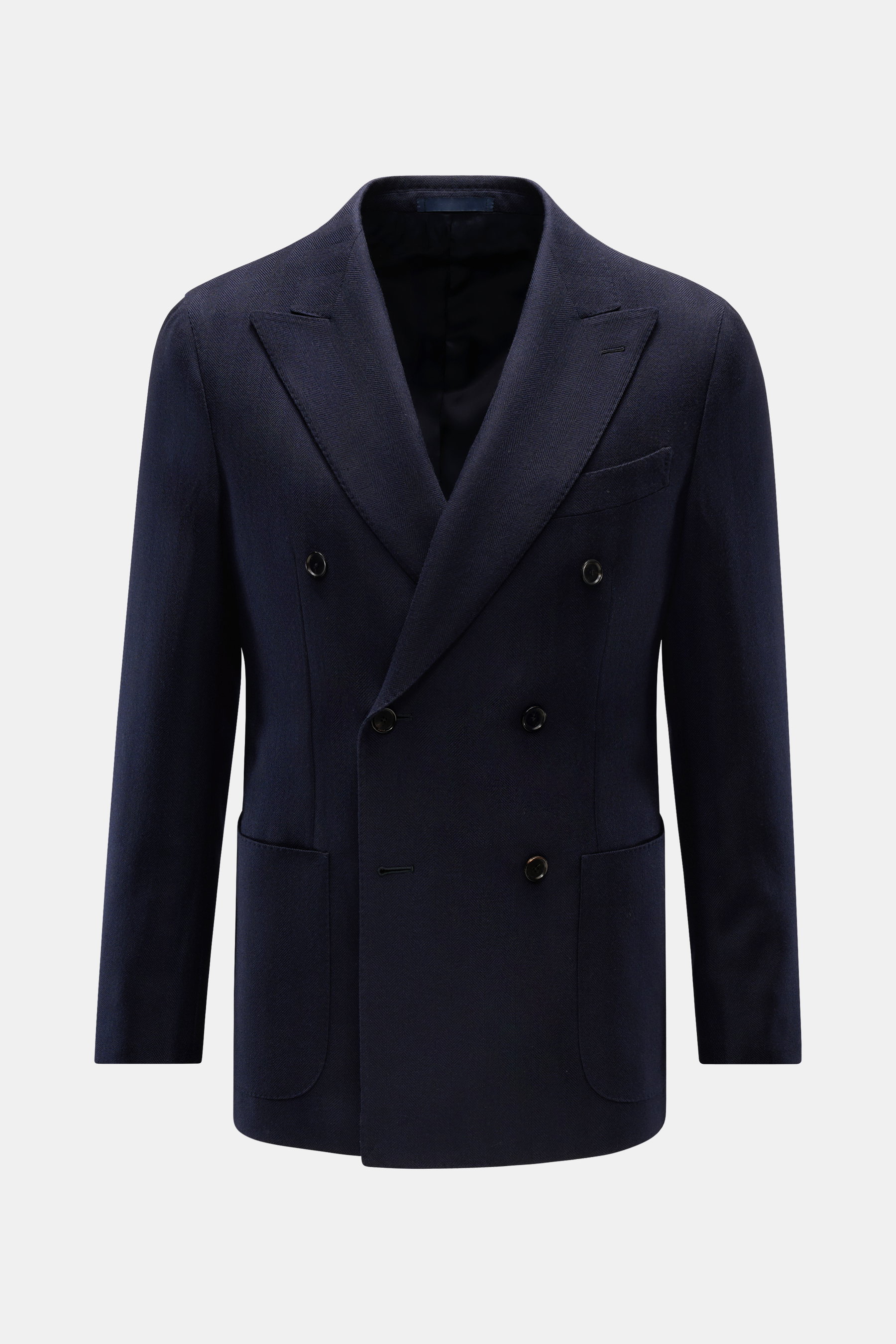 Caruso Sakko 'Aida' navy, frontal fotografiert, zweireihig, Drei-Knopf-Stil, tonale Fischgrat-Webstruktur, reine Wolle, Slim Fit, Spitzrevers, weicher Griff.