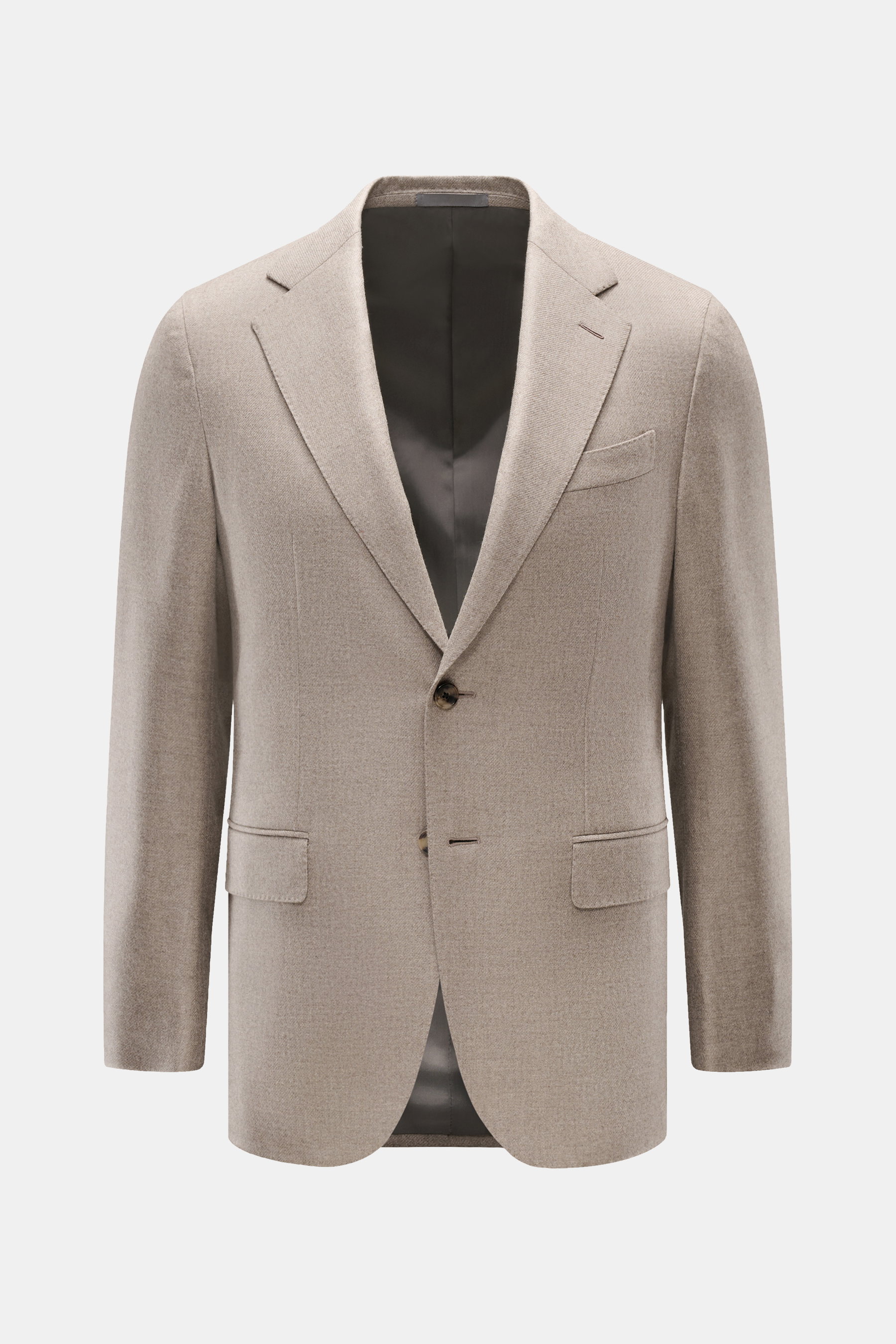Caruso Sakko 'Aida' beige meliert, frontale Ansicht, tailliert, zwei Knöpfe, fallendes Revers, Brusttasche, Hüfttaschen mit Patten, weicher Wolle-Cashmere-Mix.