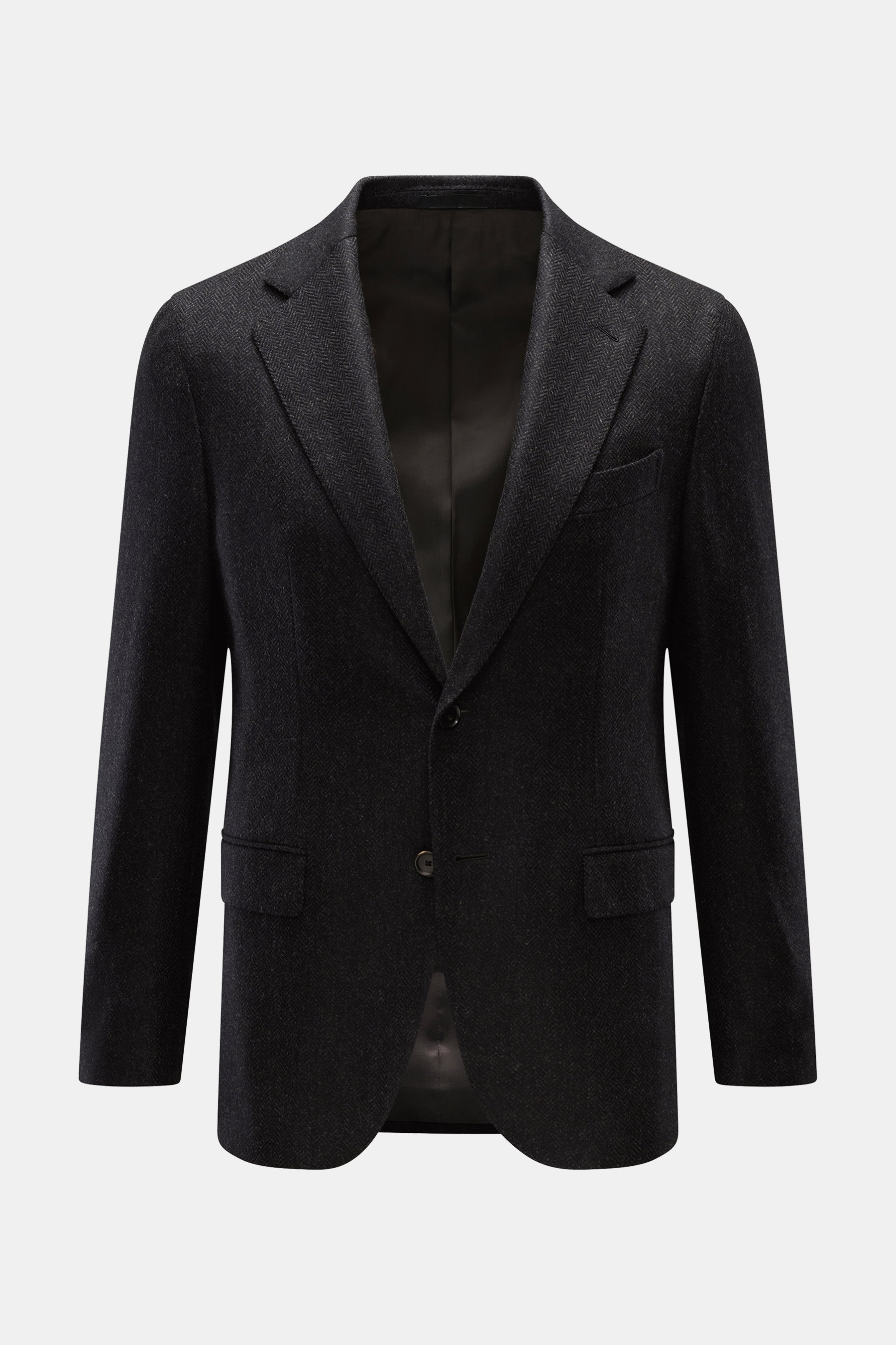 Caruso Sakko 'Aida' anthrazit/dunkelgrau meliert, Slim Fit, tonaler Fischgrat, soft mit Wolle und Cashmere, frontale Ansicht, Zwei-Knopf-Stil, fallendes Revers, Brust- und Hüfttaschen.