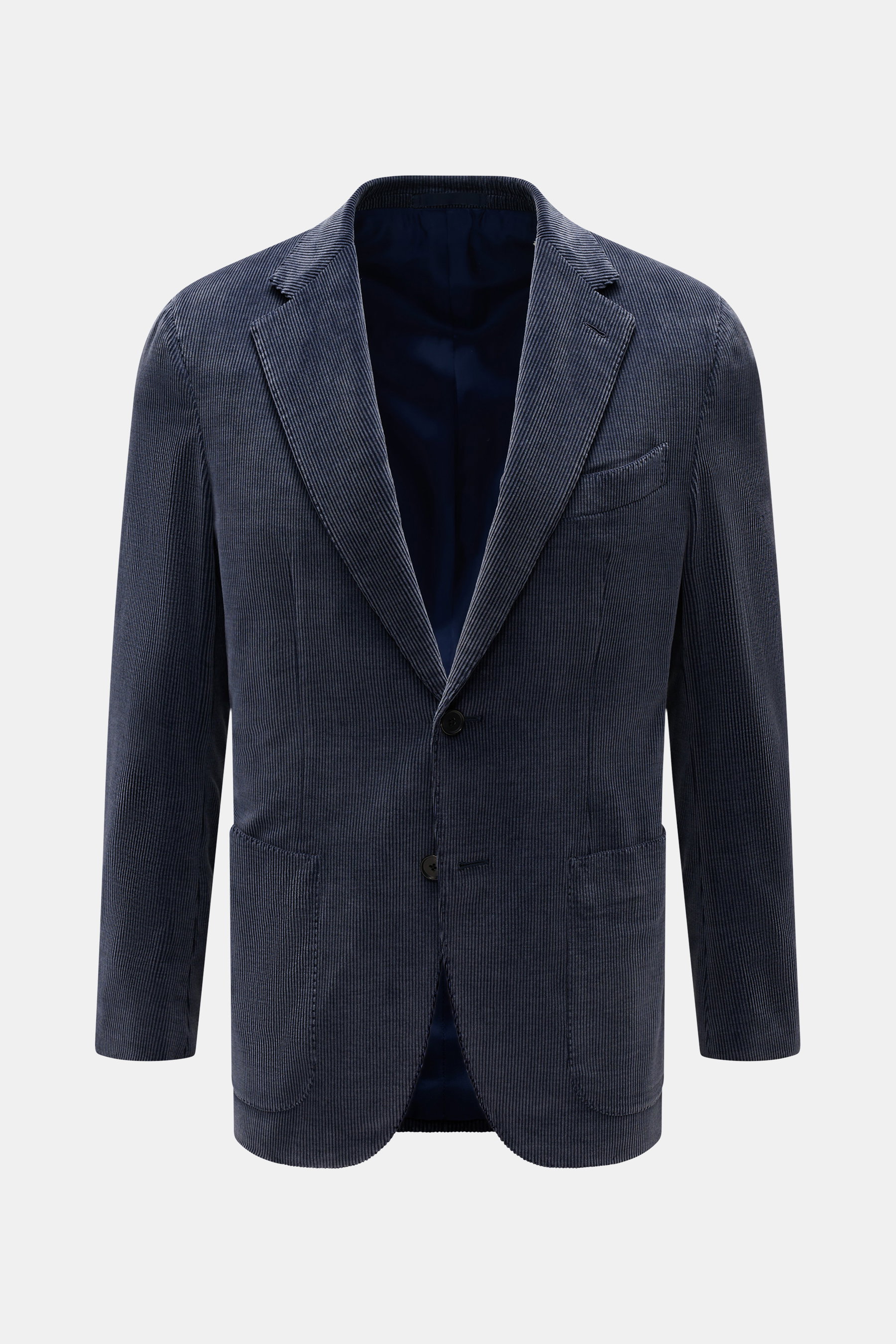 Caruso Cordsakko 'Aida' graublau, Slim Fit, aus Baumwolle/Wolle Cord, leichter Stretch, zwei Knöpfe, fallendes Revers, Brust- und Hüfttaschen, unfertige Ärmel, Seitenschlitze, tonales Futter, drei Innentaschen, Frontansicht.
