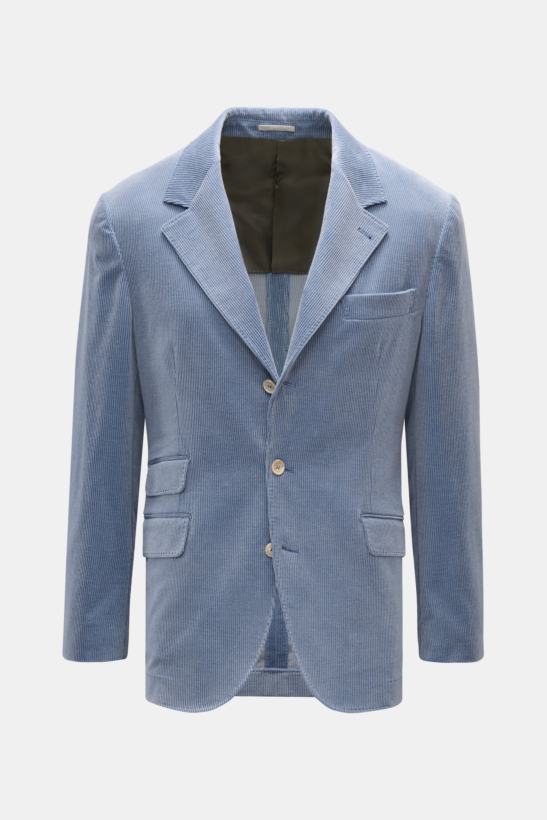 Brunello Cucinelli Cordsakko rauchblau, slim Fit, tailliert, Drei-Knopf-Stil, fallendes Revers, Brust- und Hüfttaschen, halb gefüttert, frontal fotografiert.