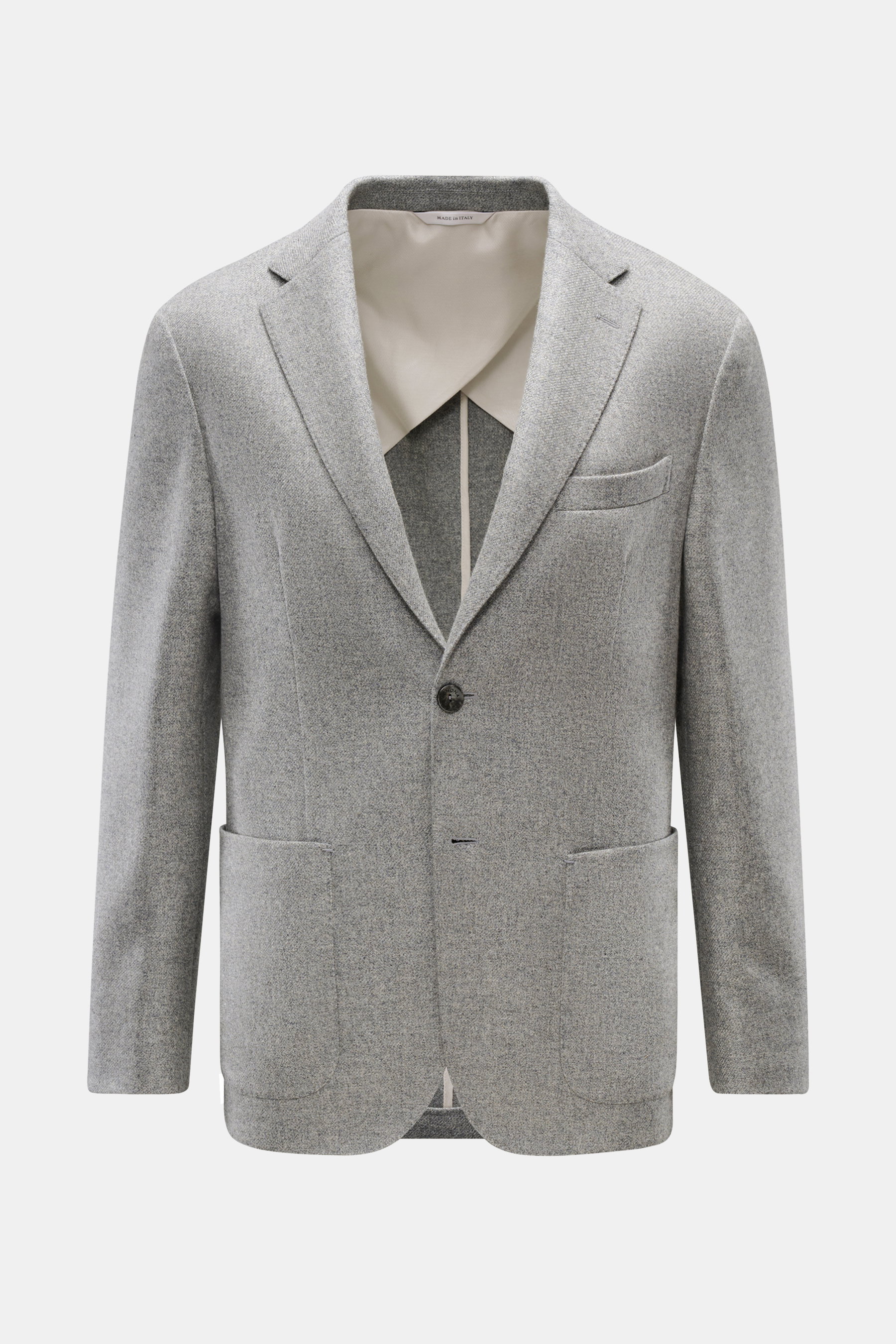 Vorderansicht des taillierten Agnona Cashmere Sakko grau meliert mit fallendem Revers, zwei Knöpfen, Brusttasche, Hüfttaschen, halb gefüttert.