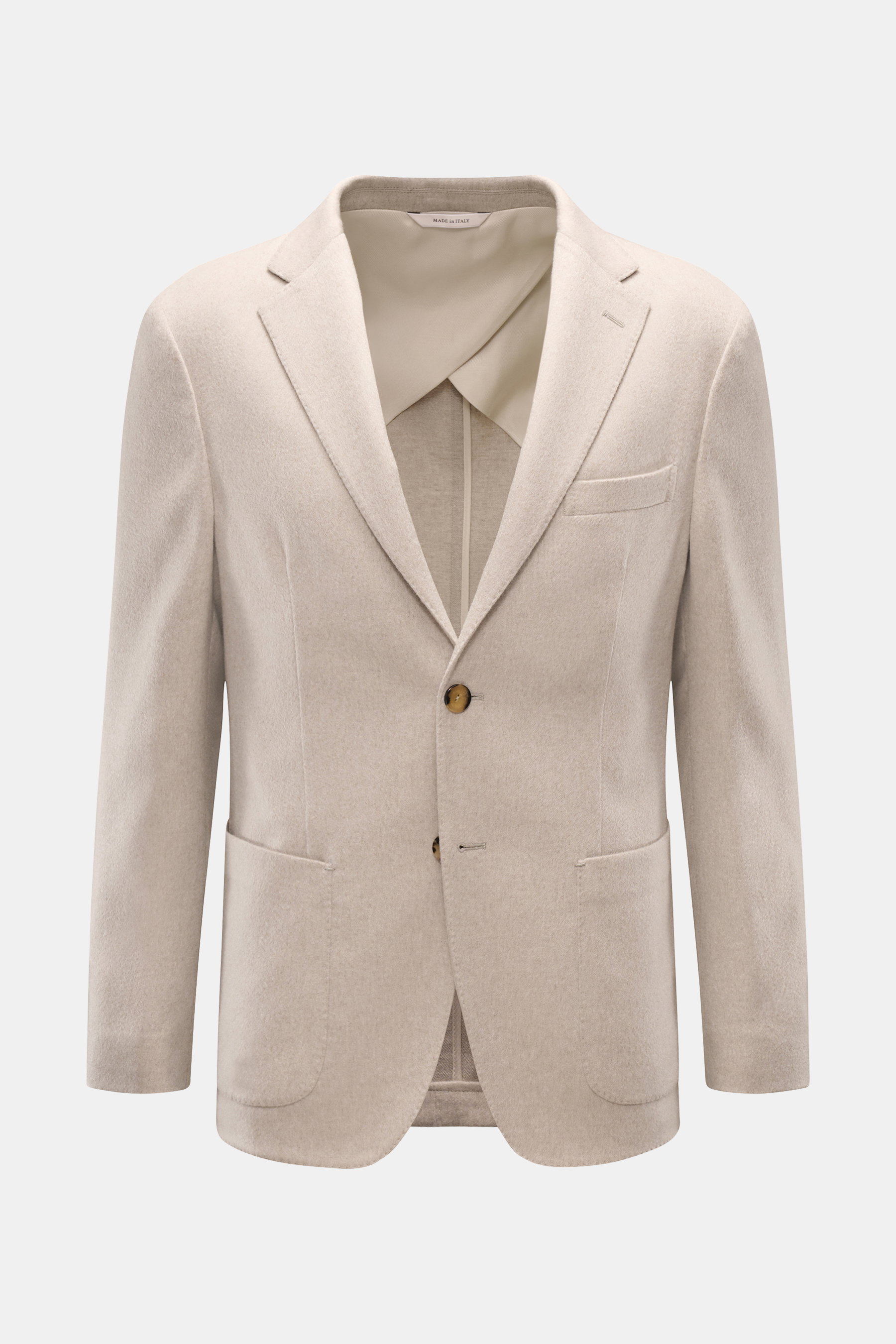 Agnona Cashmere Sakko sand, halb gefüttert, Slim Fit, taillierter Zwei-Knopf-Stil mit fallendem Revers und Taschen, Frontansicht.