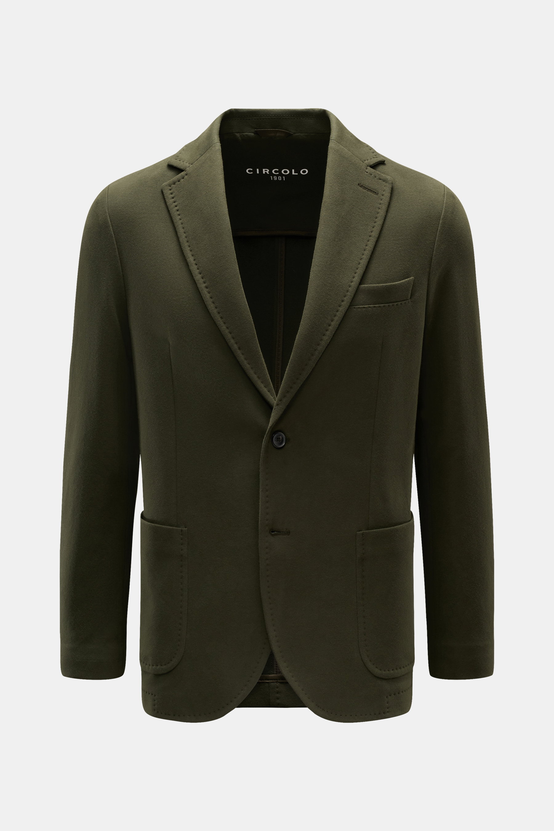 Circolo 1901 Jersey-Sakko graugrün, Slim Fit, tailliert, Jersey-Baumwolle mit Stretch, fallendes Revers, Zwei-Knopf-Stil, Brust- und Hüfttaschen, leicht halb gefüttert, frontal fotografiert.