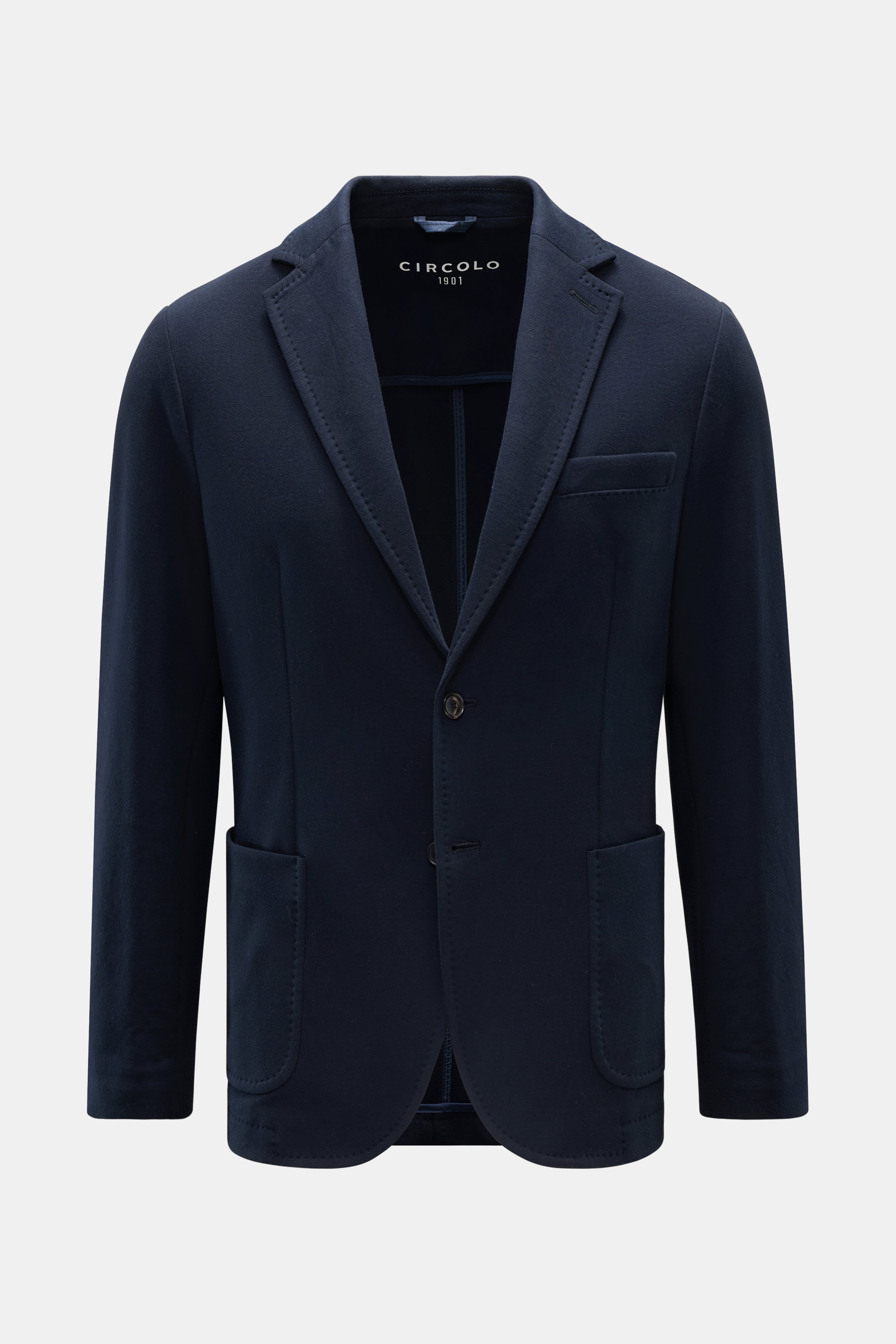 Circolo 1901 Jersey-Sakko navy, schmal geschnittenes Jersey-Sakko aus Baumwolle mit Stretch, Slim Fit, zwei Knöpfen, fallendem Revers, Brust- und Hüfttaschen, Knopfärmel, halb gefüttert, frontale Perspektive.
