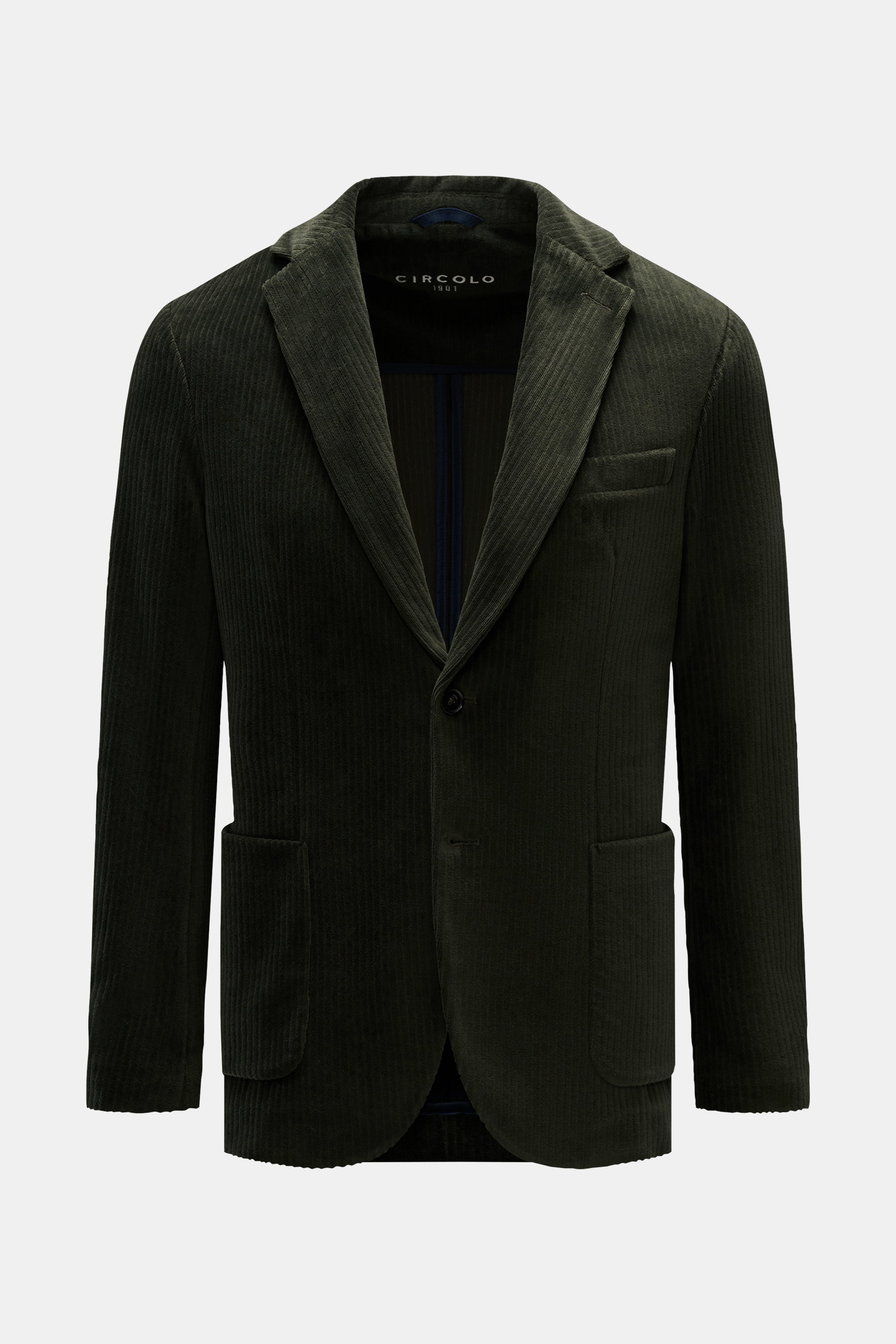 Circolo 1901 Cordsakko dunkelgrün, slim fit, Unconstructed-Design, samtiger Baumwoll-Jersey, markante Cordstruktur, Zwei-Knopf-Stil, frontal fotografiert.
