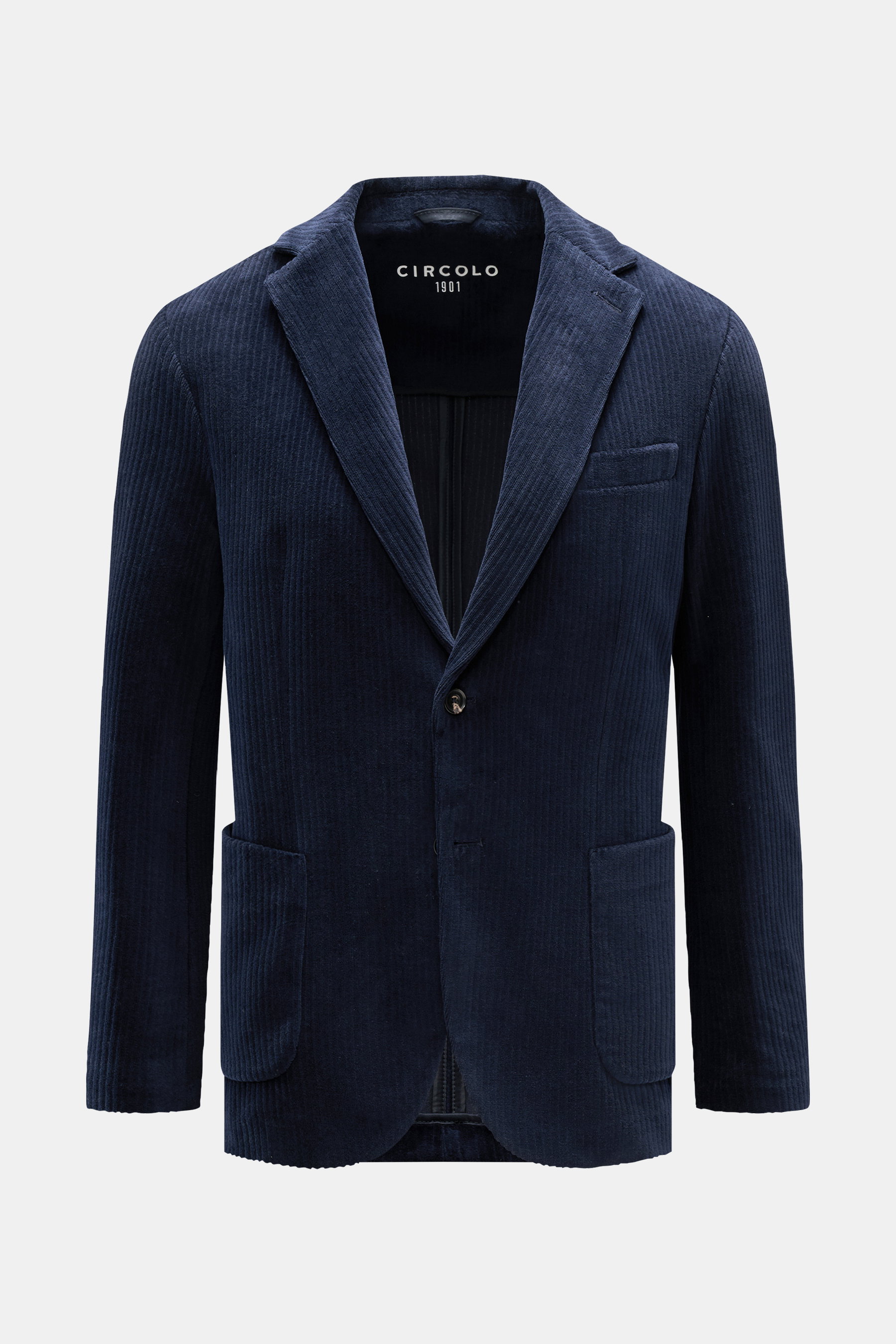 Circolo 1901 Cordsakko navy, frontale Ansicht, Slim Fit, tailliert, Cordstruktur, Unconstructed-Design, zwei Knöpfe, Brust- und Hüfttaschen, samtiger Baumwollmix.