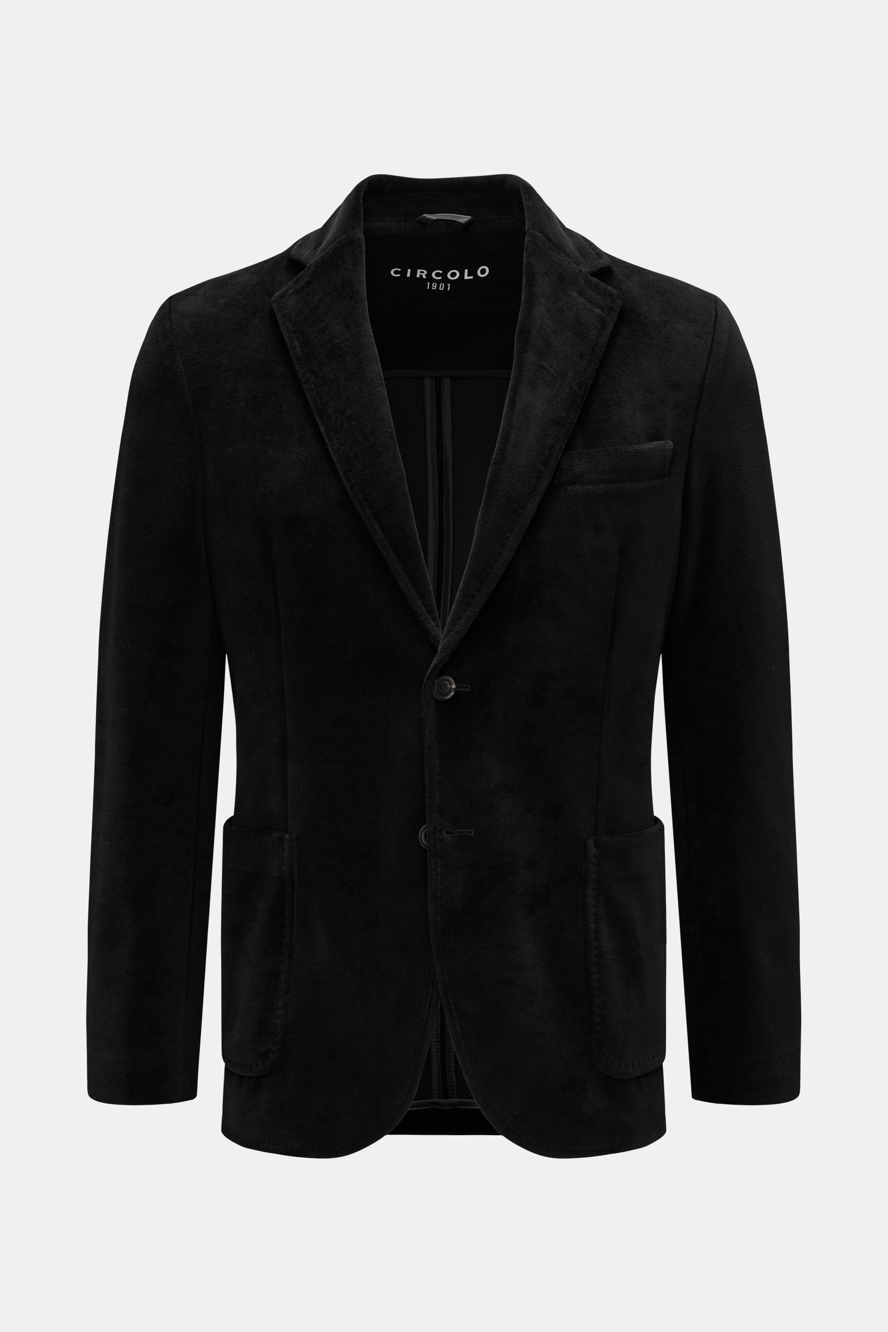 Circolo 1901 Samtsakko schwarz, frontal abgebildet, Slim Fit Jersey-Samt, tailliert, zwei Knöpfe, Brust- und Hüfttaschen, fallendes Revers.