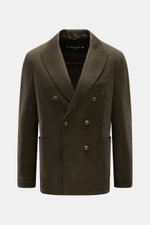 Front view of Circolo 1901 Jersey-Sakko oliv, a slim fit, double-breasted blazer in olive wool and cashmere with peak lapels, three-button style, chest pocket, patch hip pockets, buttoned cuffs, back side vents, half lining, and one inside pocket. Eleganz