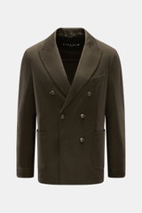 Front view of Circolo 1901 Jersey-Sakko oliv, a slim fit, double-breasted blazer in olive wool and cashmere with peak lapels, three-button style, chest pocket, patch hip pockets, buttoned cuffs, back side vents, half lining, and one inside pocket. Eleganz