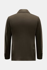 Back view of the olive Circolo 1901 Jersey-Sakko oliv, showcasing its slim fit, soft wool and cashmere jersey, two-button style with peak lapels, classic breast pocket, patch hip pockets, buttoned sleeves, rear side vents, and half lining for elegance and