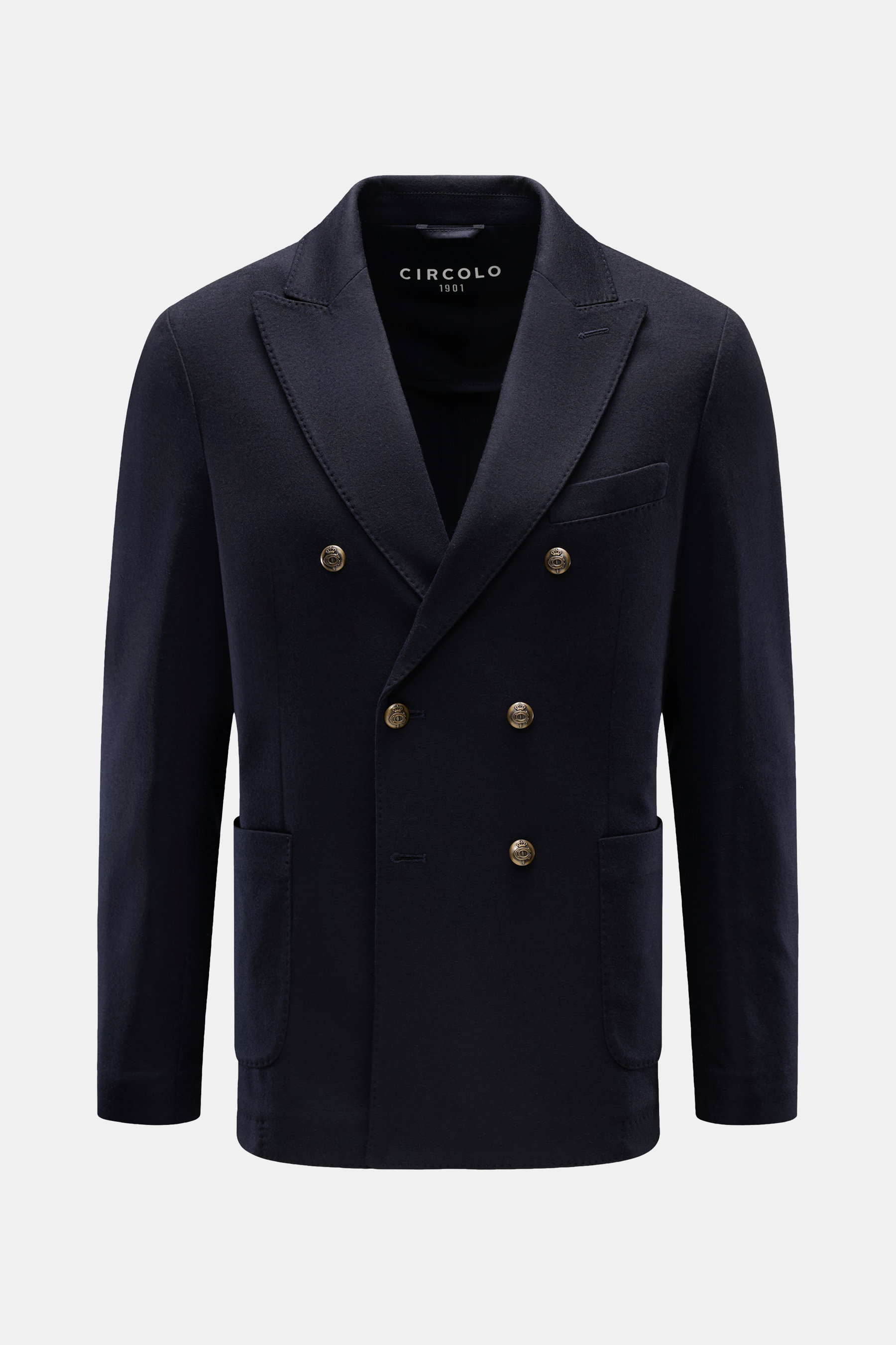 Circolo 1901 Jersey-Sakko navy, frontale Aufnahme, zweireihig mit drei Knöpfen, Spitzrevers, Brust- und Hüfttaschen, Slim Fit, Wolle-Cashmere Jersey, halb gefüttert.