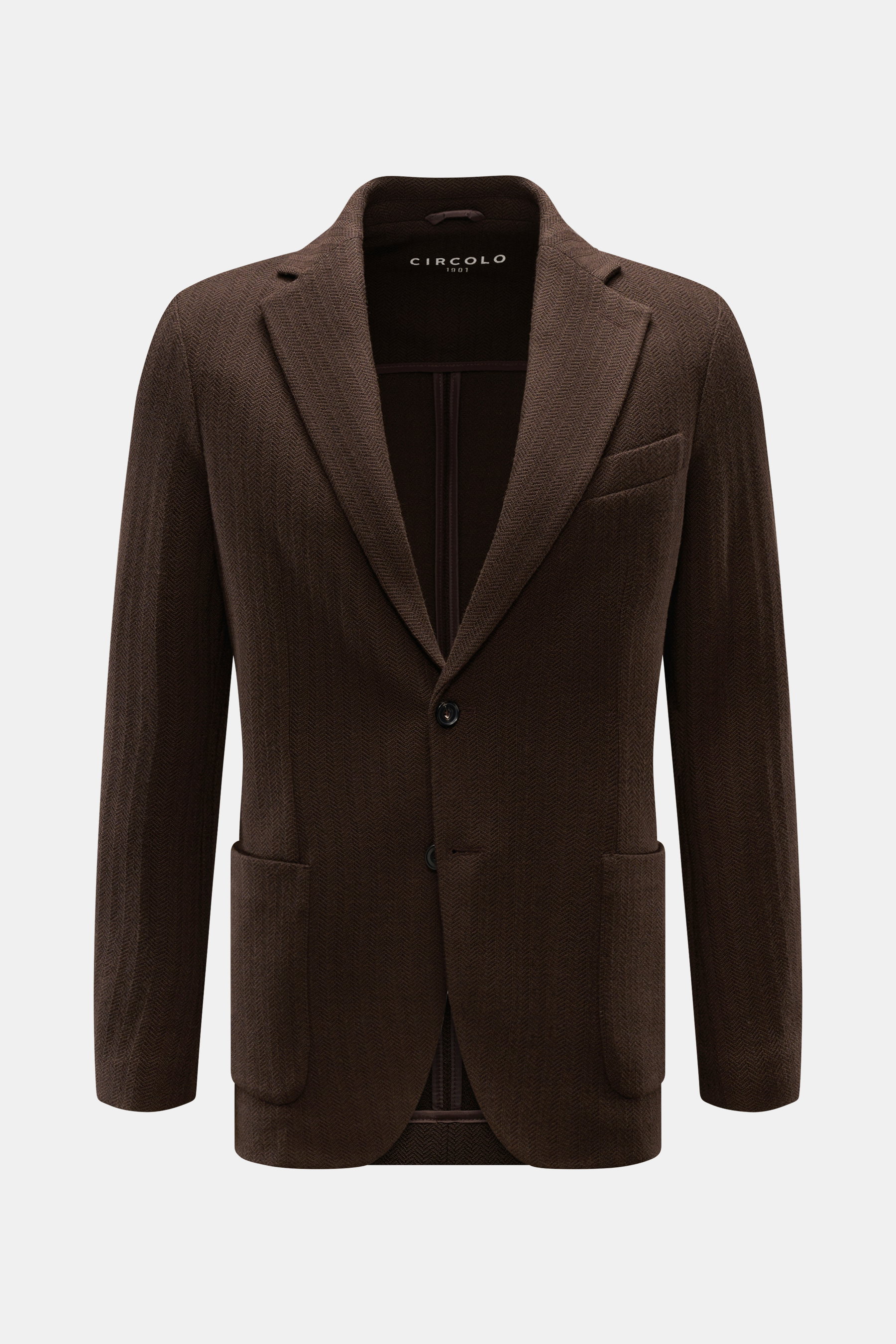 Front view of Circolo 1901 Knit blazer dark brown in pure wool knit with tonal herringbone pattern, slim fit, step lapel, two-button style, classic breast pocket, patch hip pockets, button cuffs, side vents, unconstructed design, and one inside pocket. 

