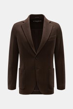 Circolo 1901 Strickblazer dunkelbraun aus reiner Wolle, Slim Fit, tonaler Fischgrat, Zwei-Knopf-Stil, fallendes Revers, frontal fotografiert.