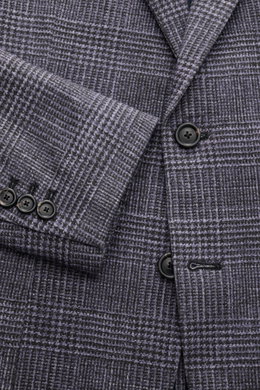 Close-up front-side view of Circolo 1901 Jersey smart-casual jacket anthracite/light grey checked, slim fit with step lapel, two-button style, and patch pockets. Jersey made of cotton and elastane with a soft feel, glen check print, cuffs with buttons, si