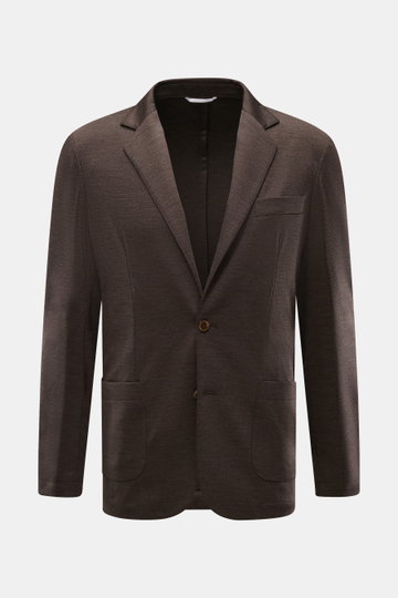 Marco Pescarolo Blazer 'Giove' dunkelbraun meliert, leichter Jersey-Schurwollblazer, Regular Fit, zwei Knöpfe, fallendes Revers, Brust- und Hüfttaschen, frontale Ansicht.